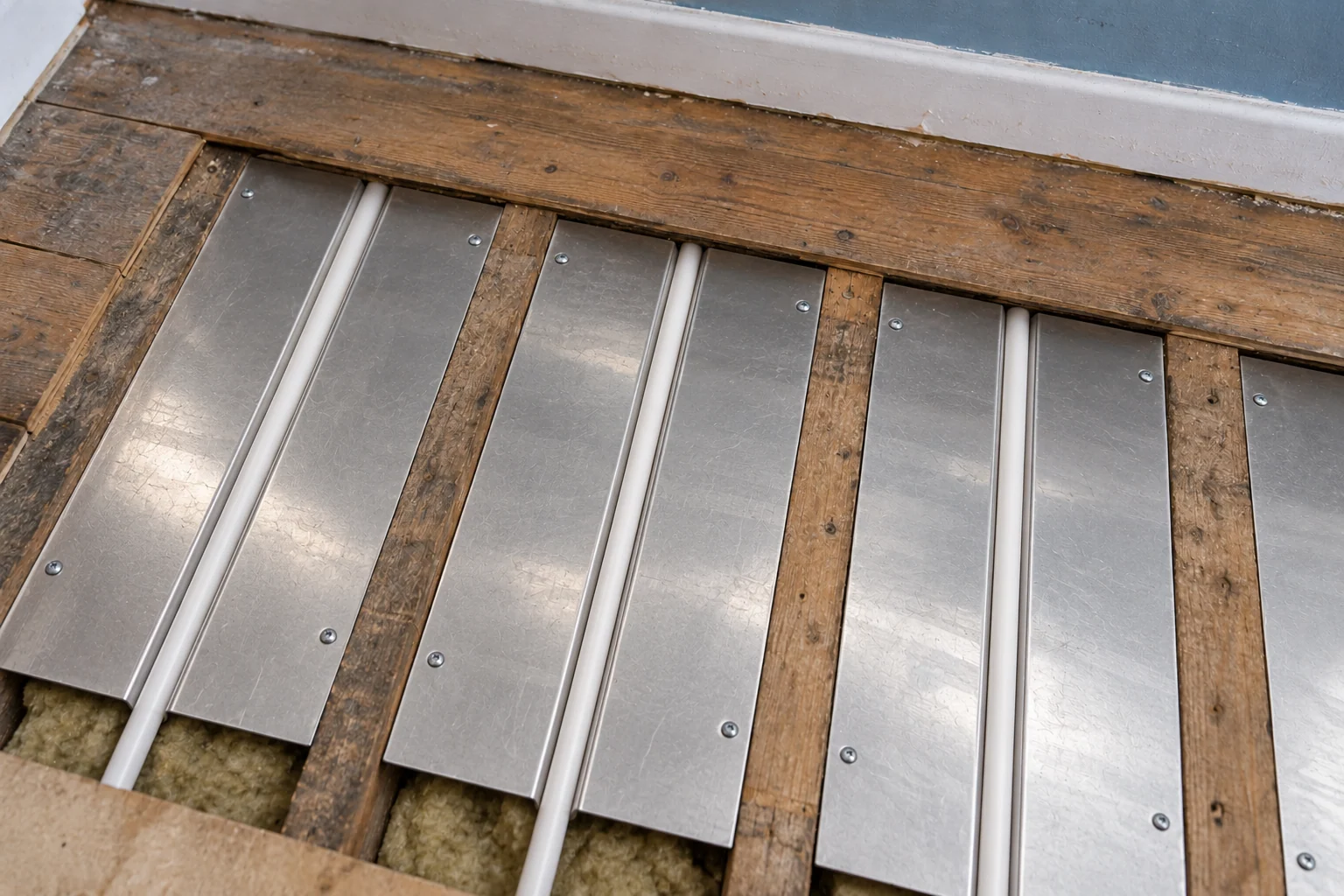 Aluminium heat-spreader plates and white UFH pipe fitted between timber joists above insulation