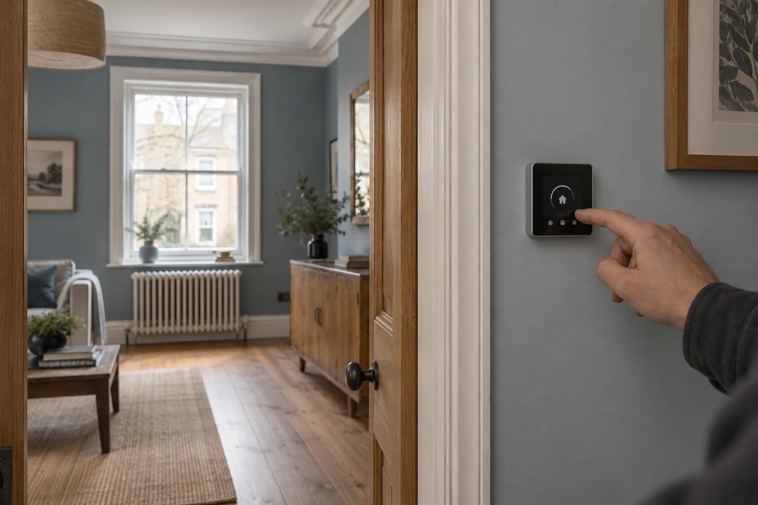 Wall-mounted heating thermostat beside a finished timber-floored room with a retained radiator