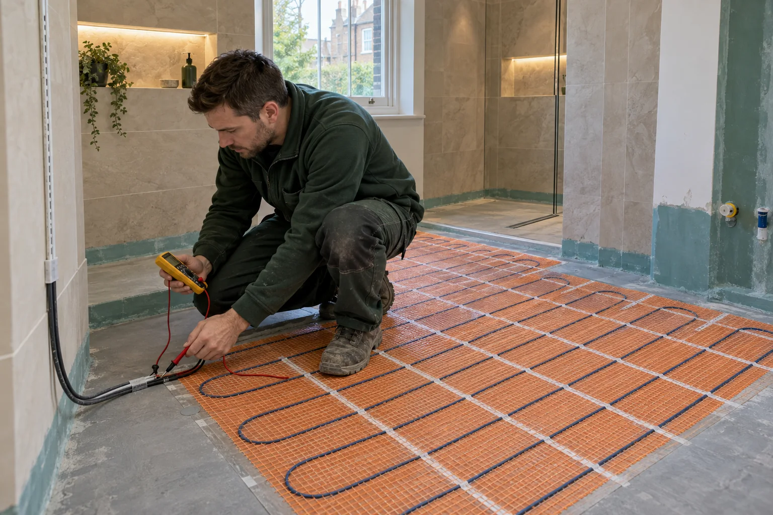 Electrician testing electric underfloor heating in a Chelsea bathroom with a yellow meter facing the installer