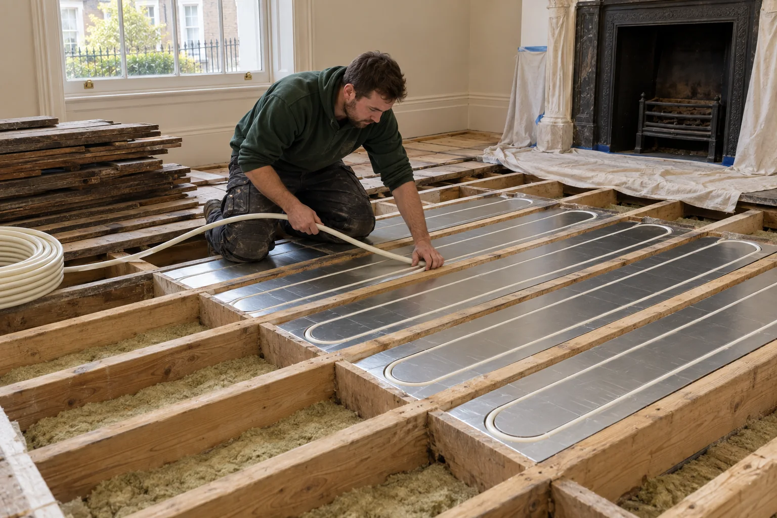 White underfloor heating pipe installed in aluminium spreader plates between timber joists