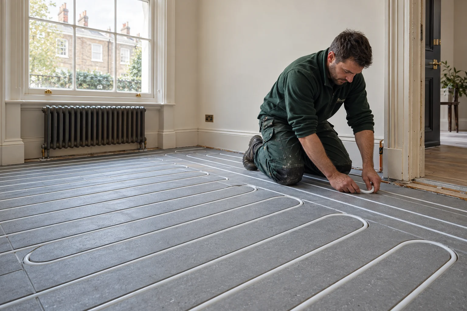 Installer fitting white pipe into low-profile underfloor heating panels beside a doorway threshold in Chelsea