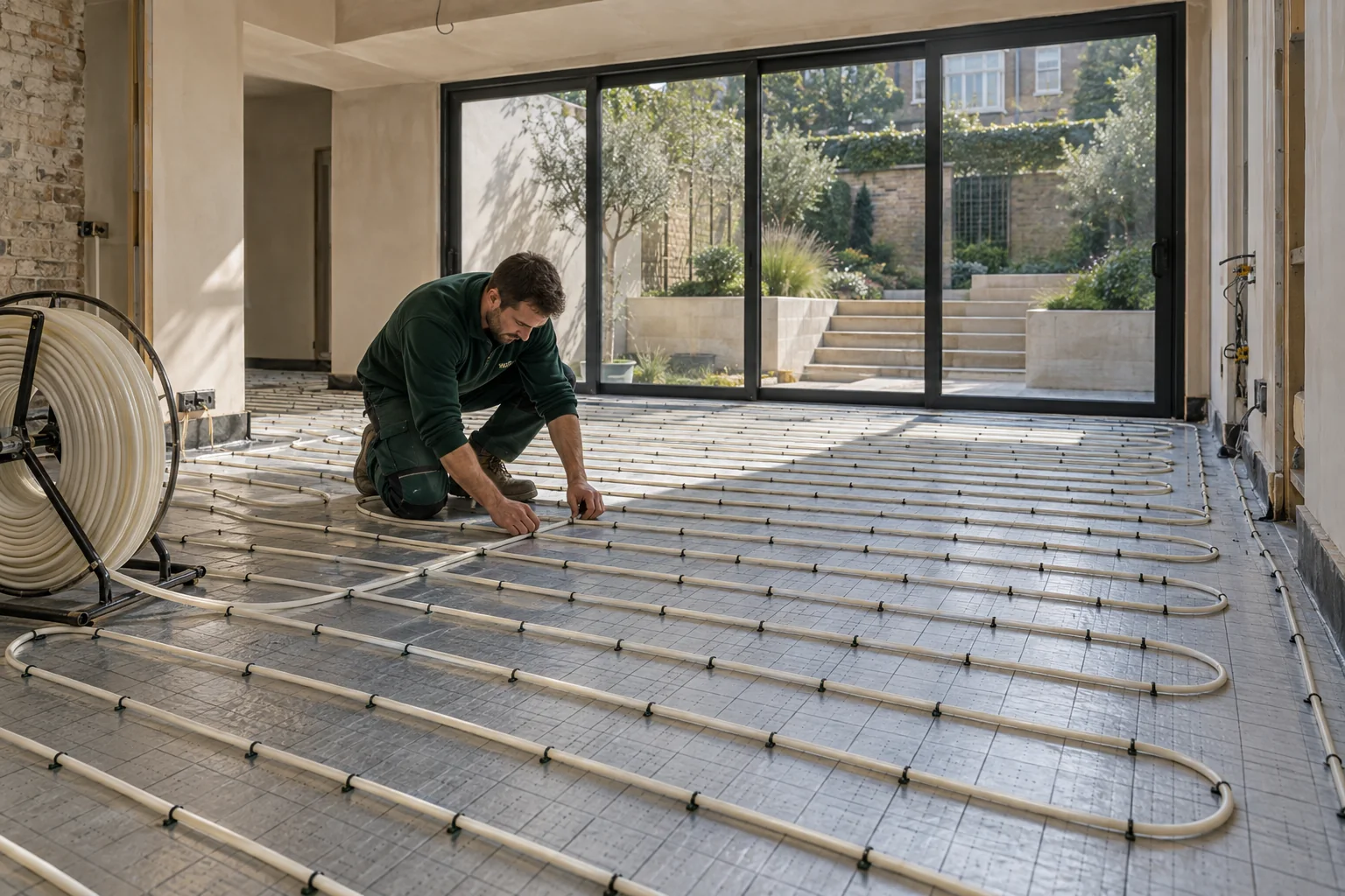 Installer fixing white underfloor heating pipe over insulation before screed in Chelsea
