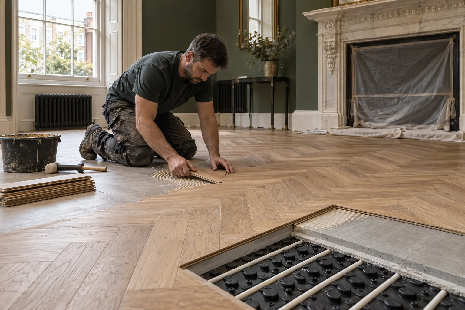 Engineered oak herringbone floor being installed above underfloor heating in Chelsea