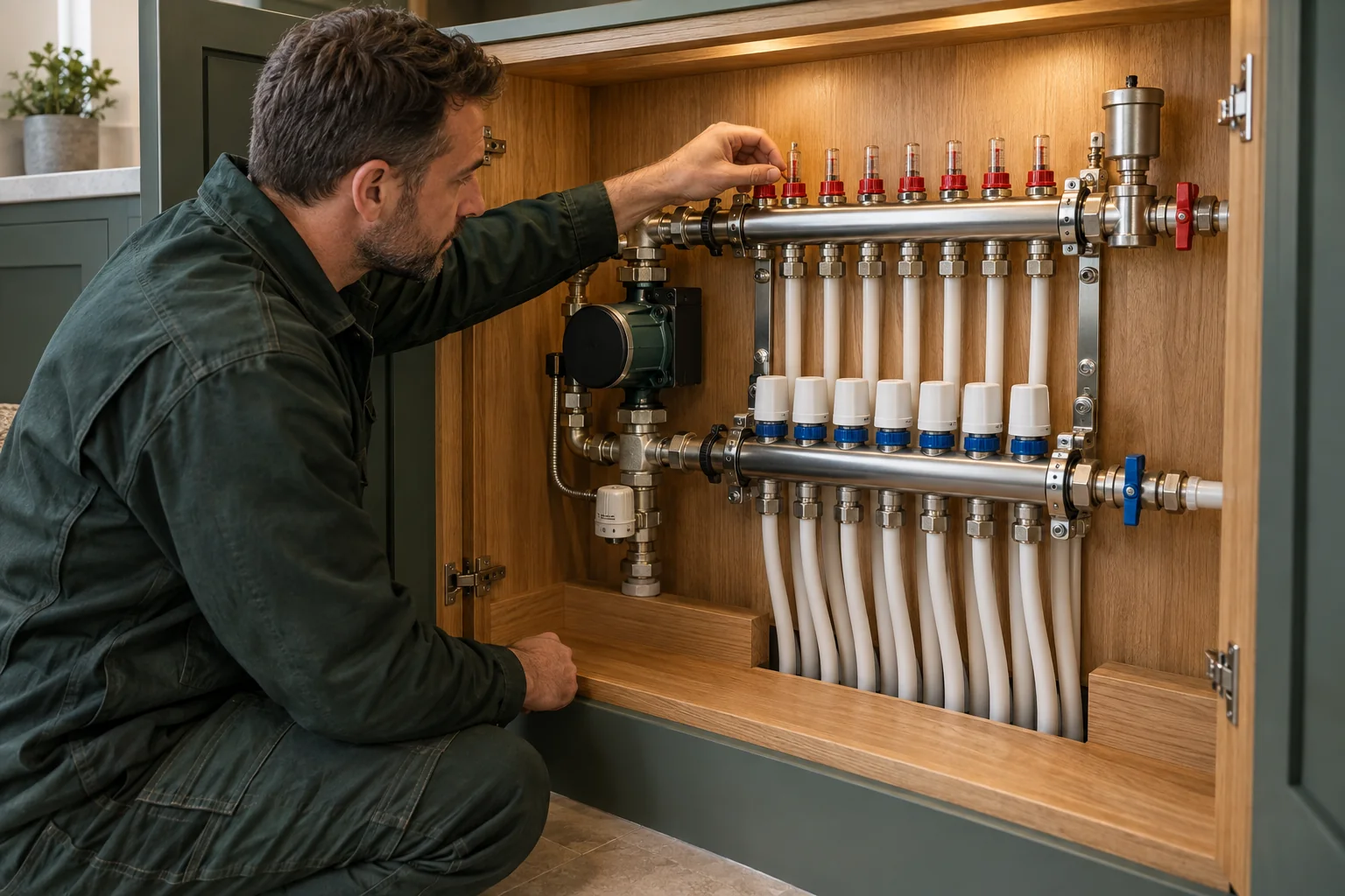 Fully connected stainless underfloor heating manifold being commissioned in Chelsea