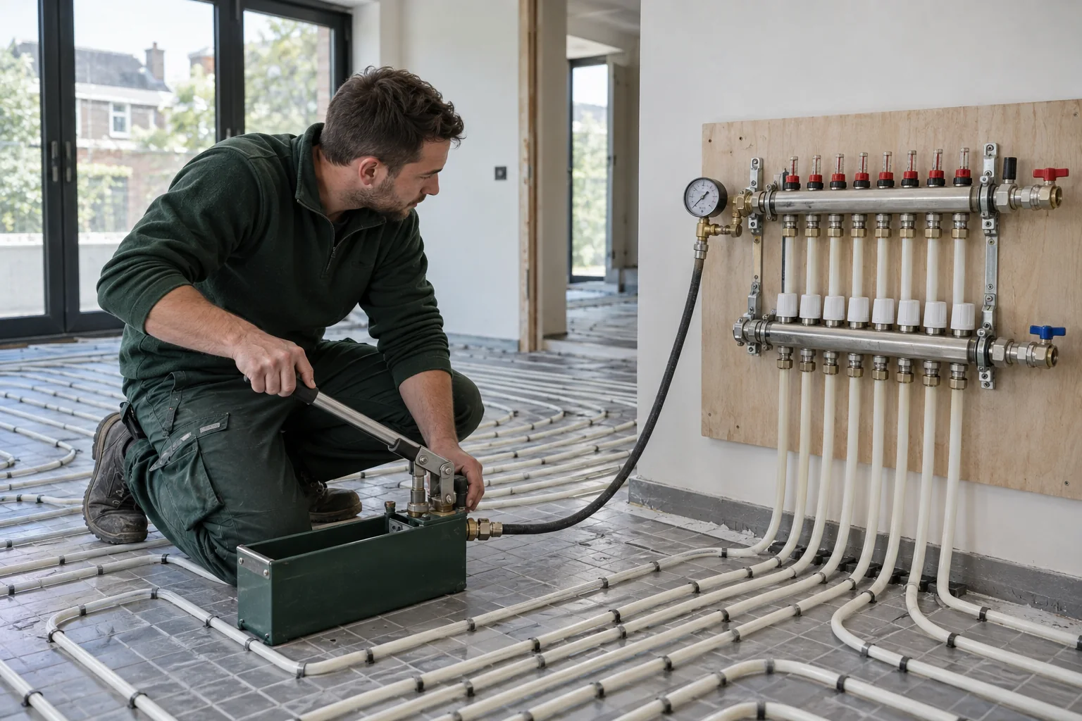 Underfloor heating manifold and connected pipe circuits under pressure test before floor completion