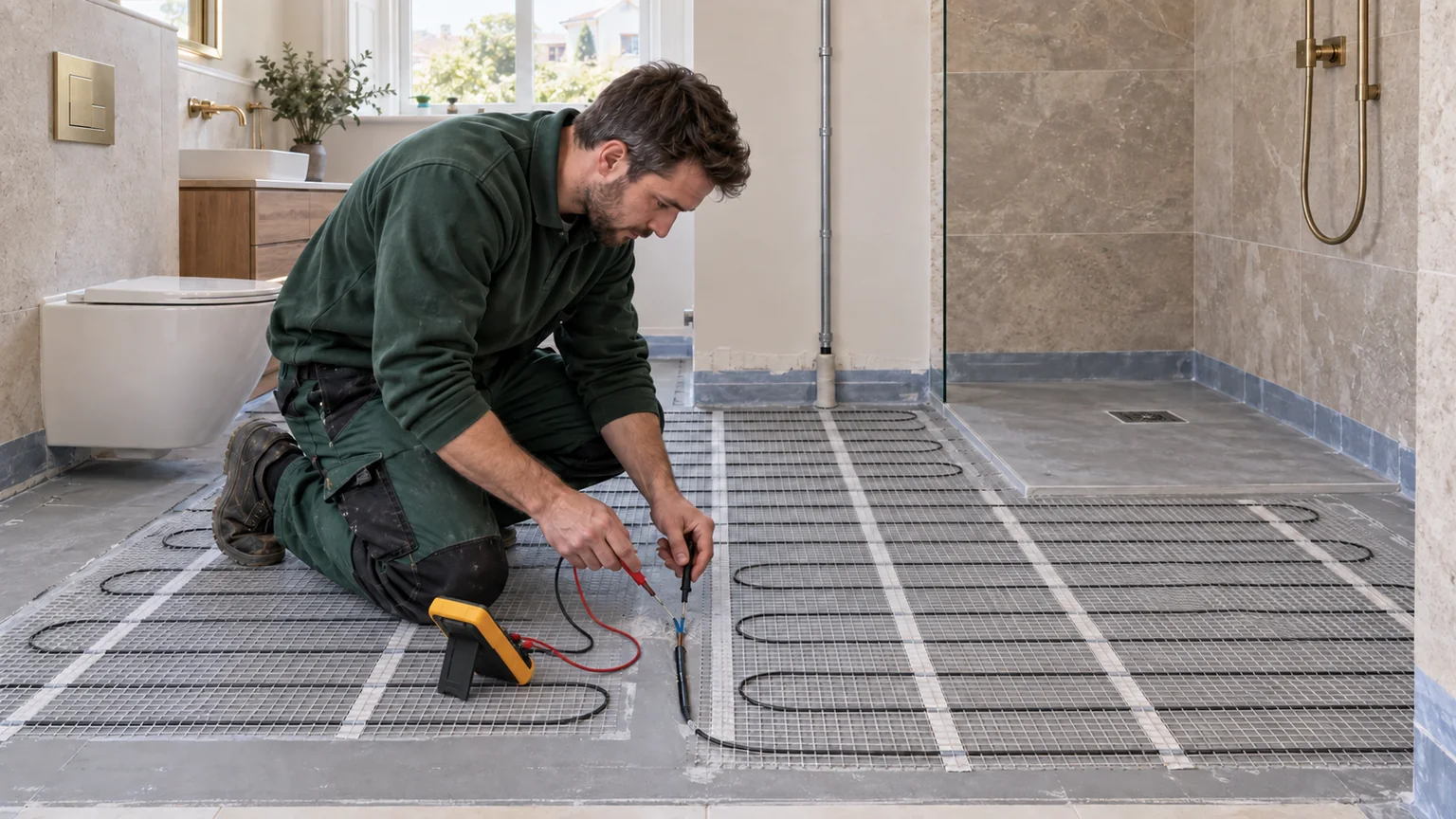 Electrician testing electric underfloor heating in a Chiswick bathroom using a yellow professional multimeter