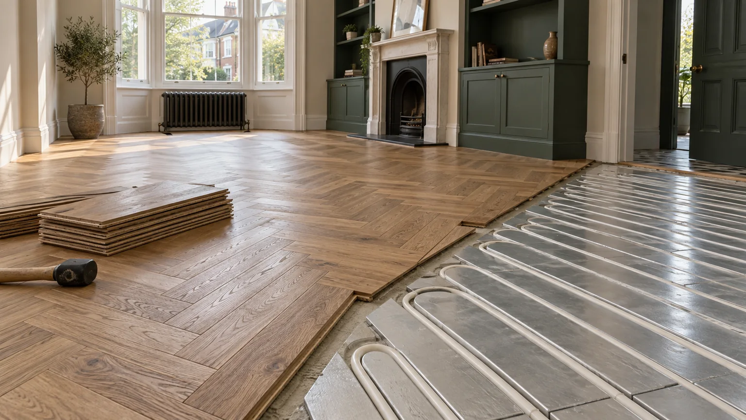 Engineered oak herringbone flooring being installed over a low-profile white-pipe underfloor heating system in Chiswick