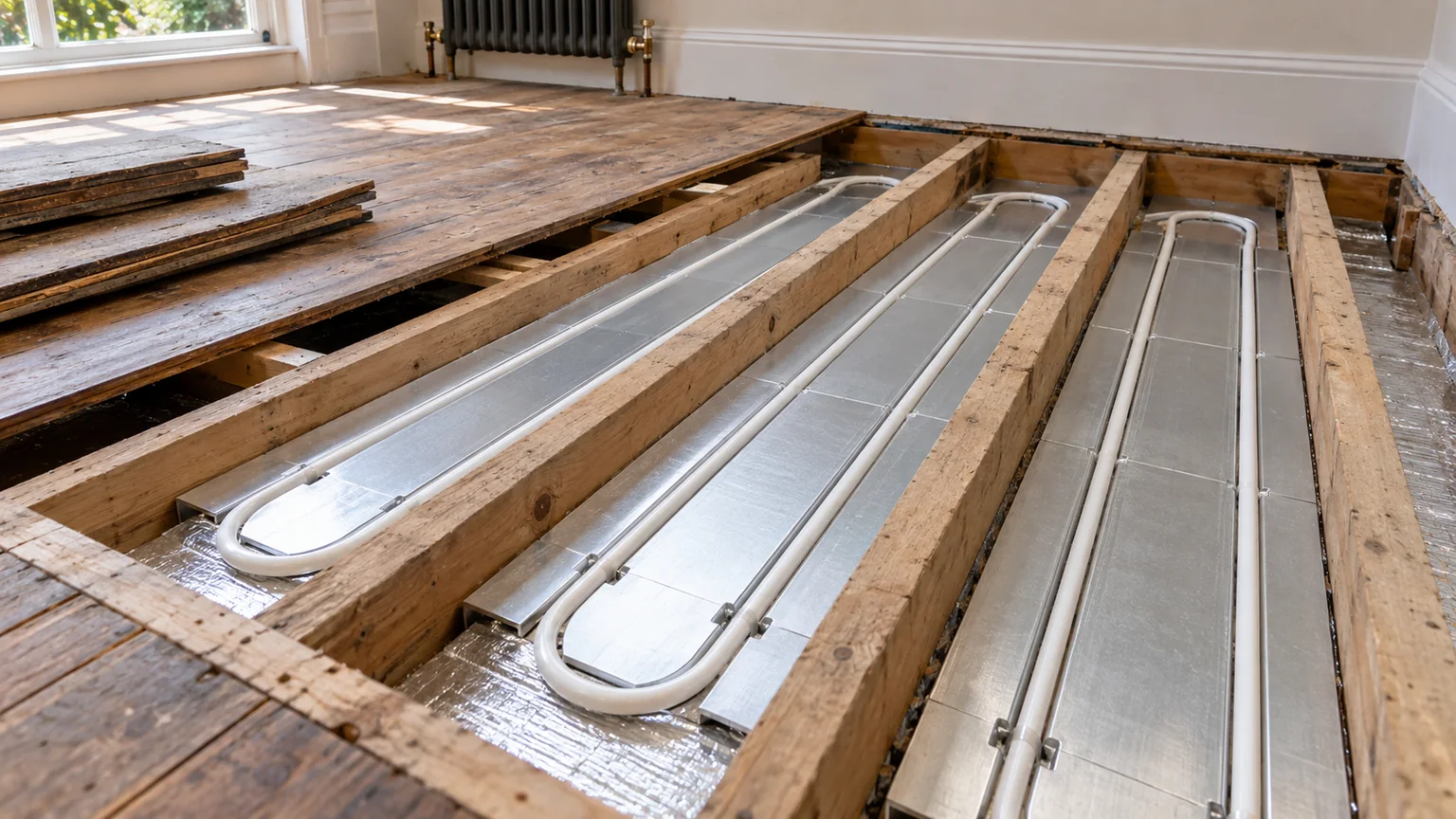 White underfloor heating pipe fitted in aluminium heat-spreader plates between timber floor joists