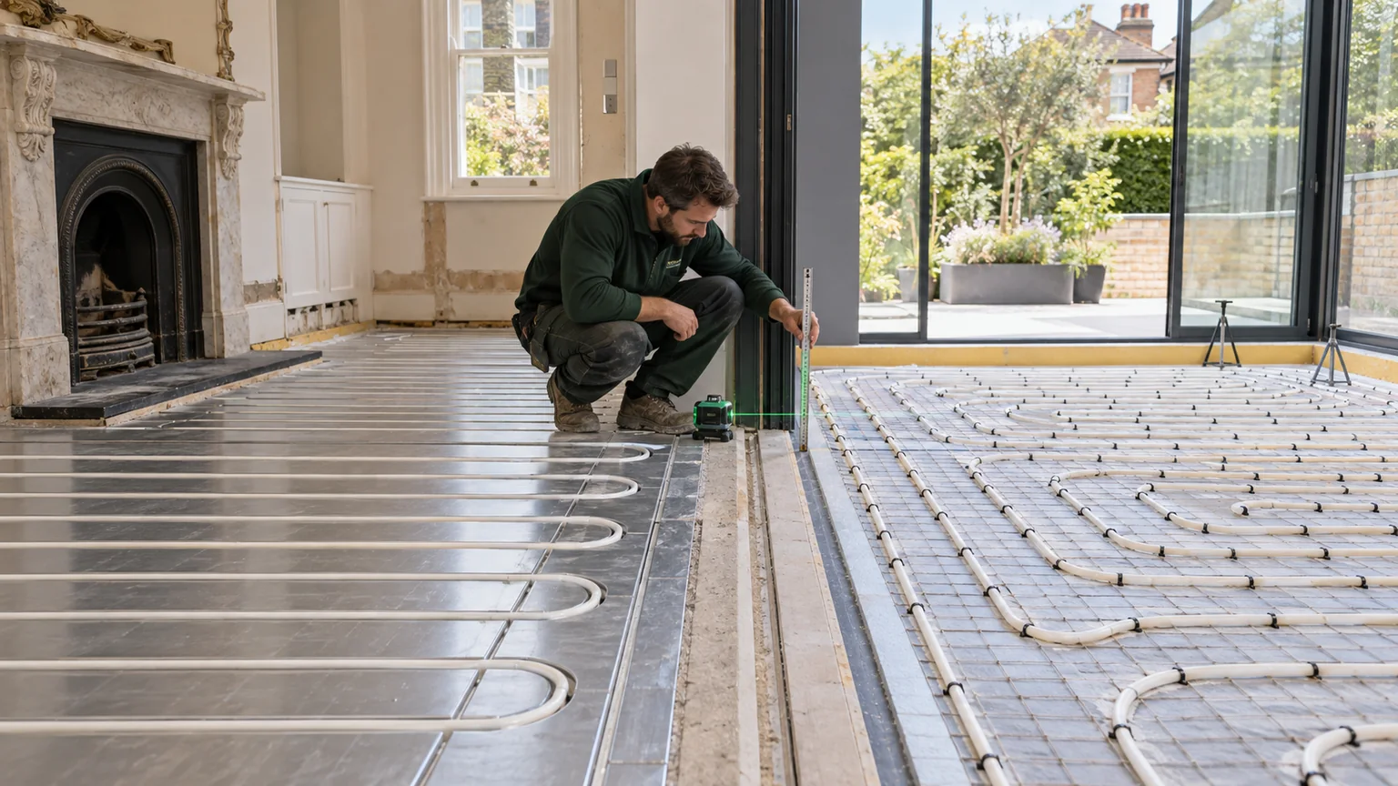Heating engineer checking levels where low-profile underfloor heating meets a new screed system in a Chiswick extension