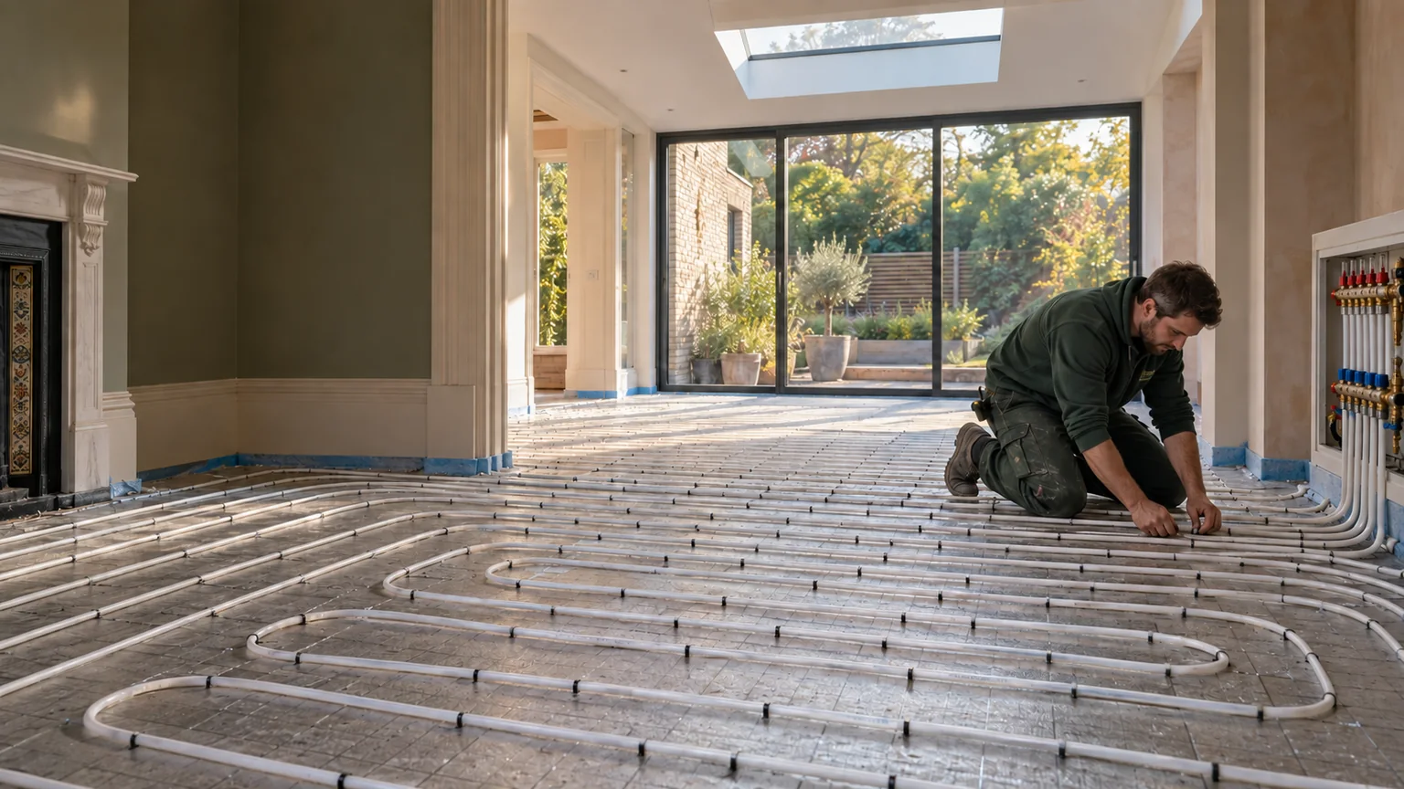 Heating engineer installing white water underfloor heating pipe beside a manifold in a Chiswick home extension