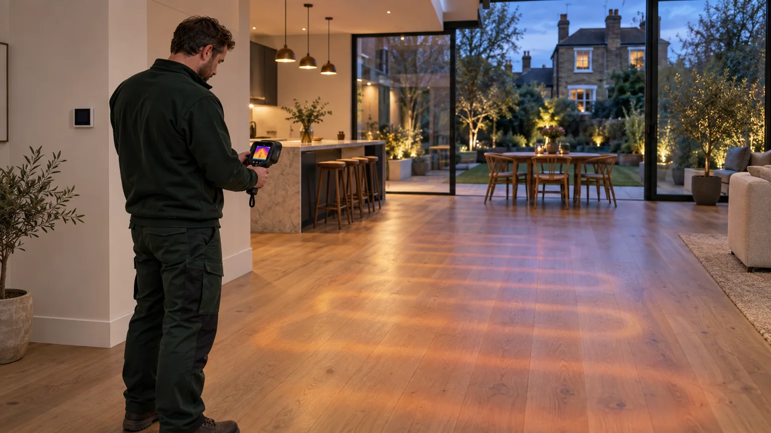 Heating engineer using a thermal imaging camera to verify an underfloor heating system in a finished Chiswick extension