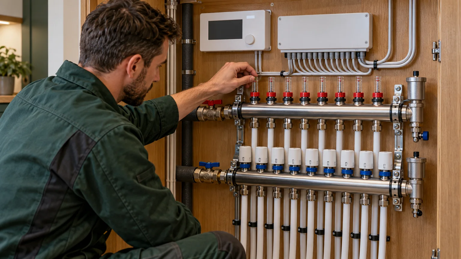 Heating engineer balancing a complete multi-zone underfloor heating manifold and control system in Chiswick