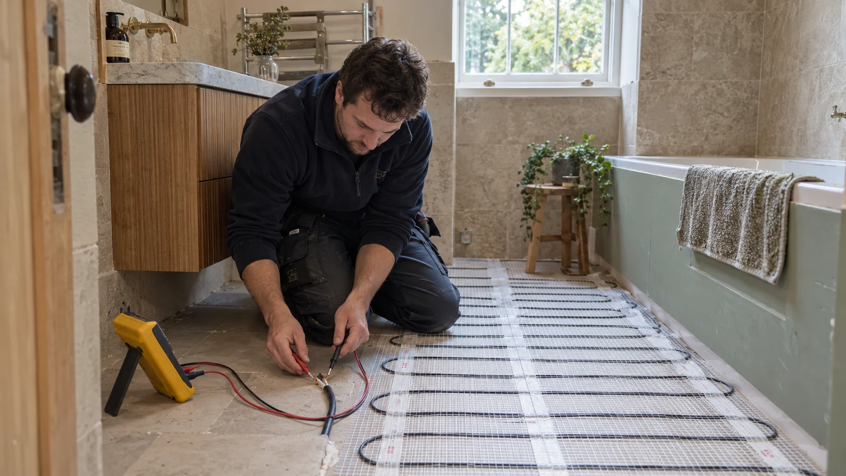 Electrician checking an electric underfloor heating mat with a yellow test instrument before tiling an Ealing bathroom