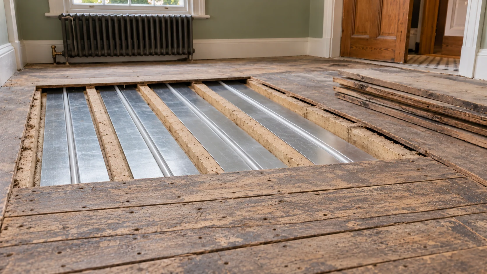 White underfloor heating pipe seated in aluminium spreader plates between timber joists in an Ealing period home