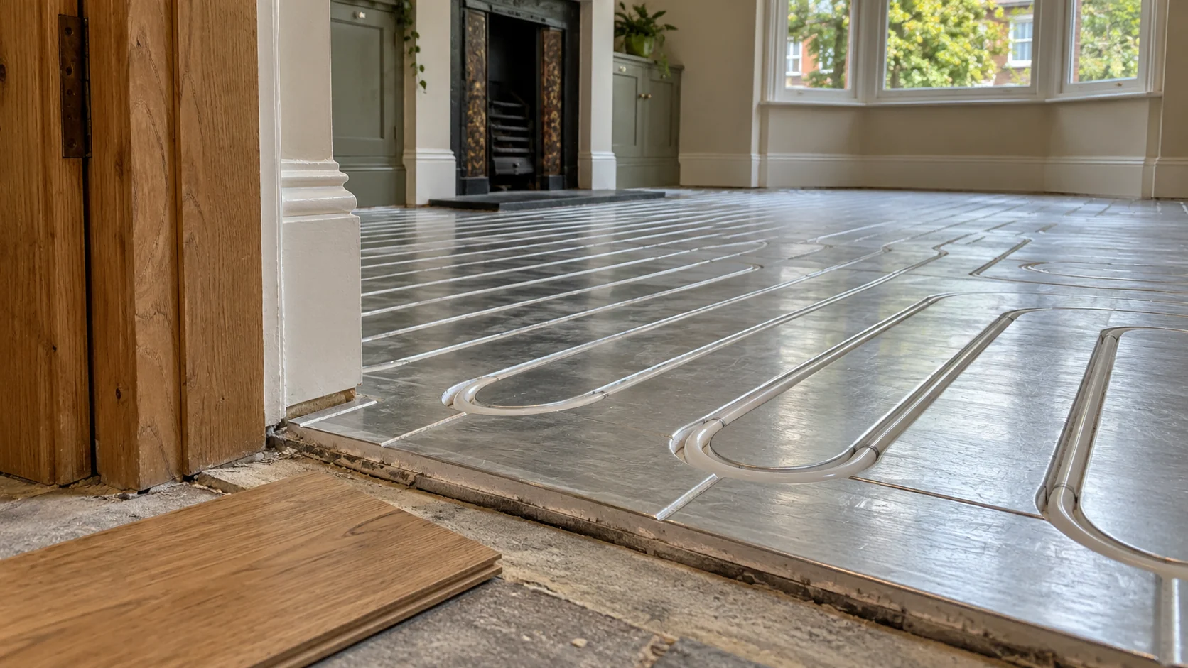 Low-profile water underfloor heating panels and white pipe beside an existing doorway in an Ealing renovation