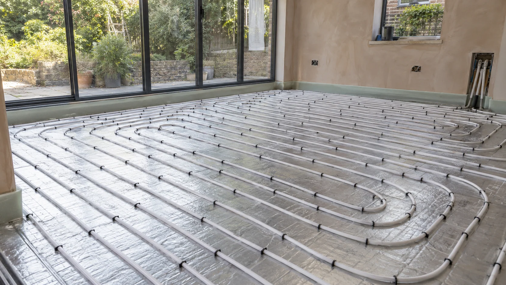 White underfloor heating pipe clipped over insulated flooring before screeding in an Ealing extension