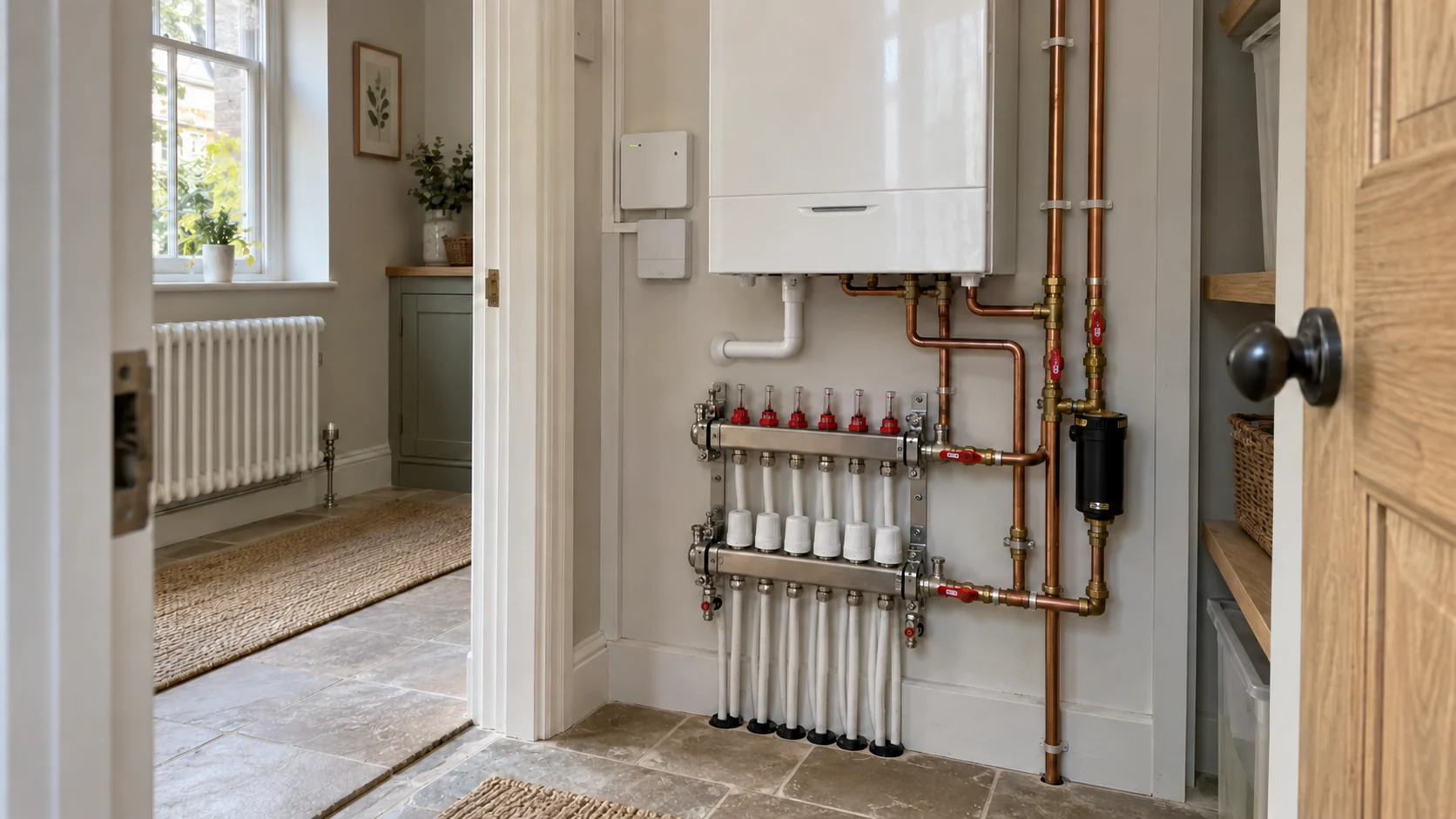 Underfloor heating manifold and controls in a utility cupboard with a retained radiator visible in the adjoining room