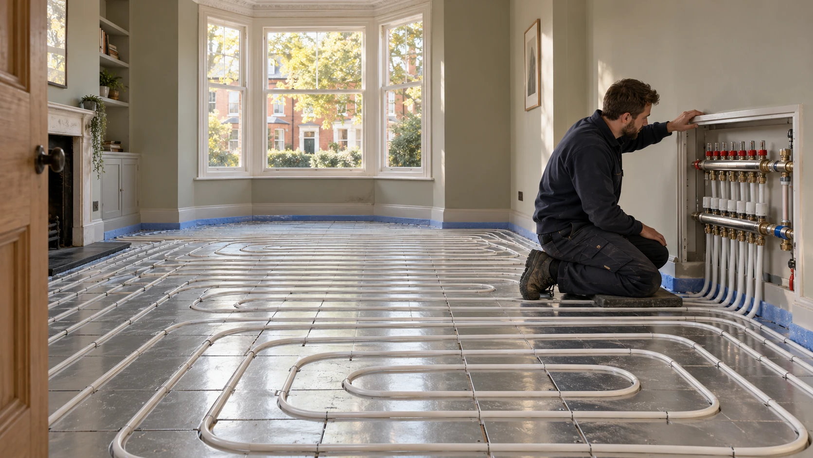 Heating installer inspecting an underfloor heating manifold beside white floor-heating pipes in a bay-windowed room.