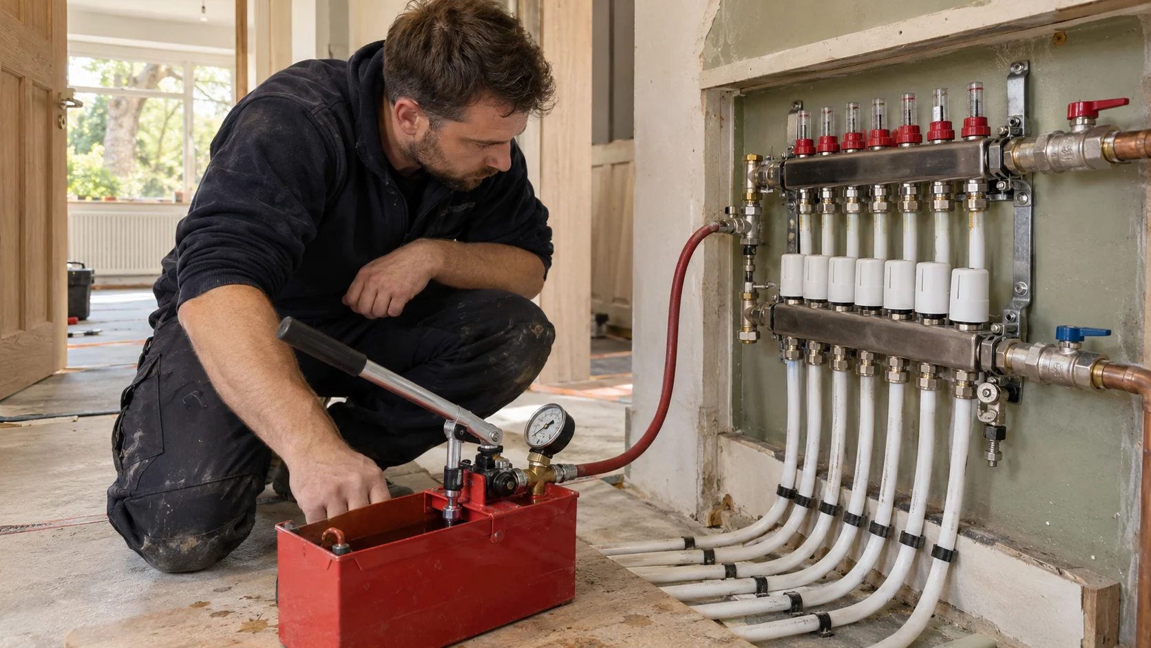 Engineer inspecting an underfloor heating manifold during a water pressure test before the floor is covered