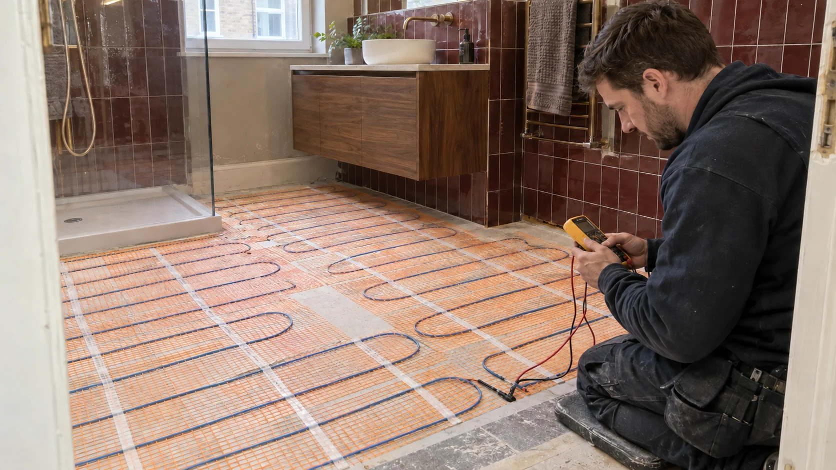 Electrician checking an electric underfloor heating mat before the bathroom floor is tiled.