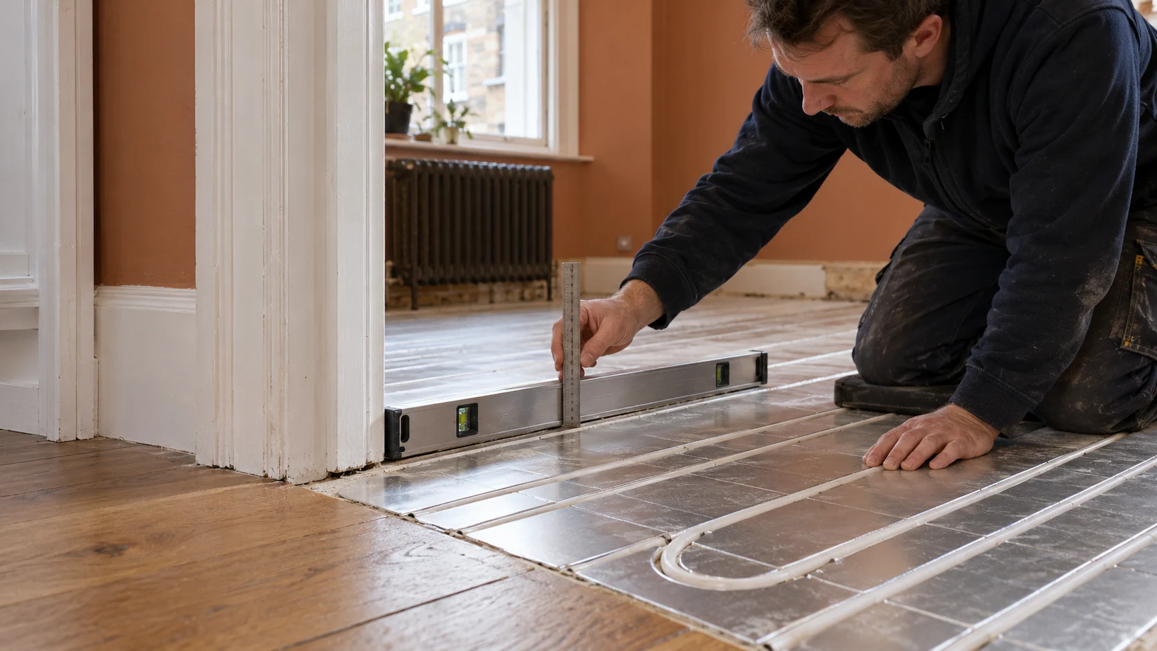 Installer checking the threshold height beside low-profile underfloor heating panels.