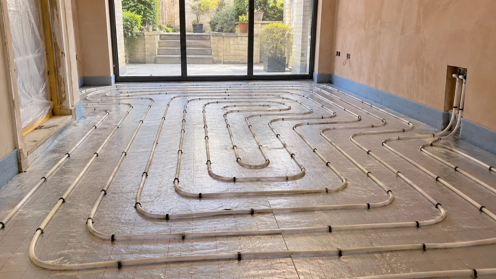 White underfloor heating circuits clipped over insulation before screeding a renovated room.
