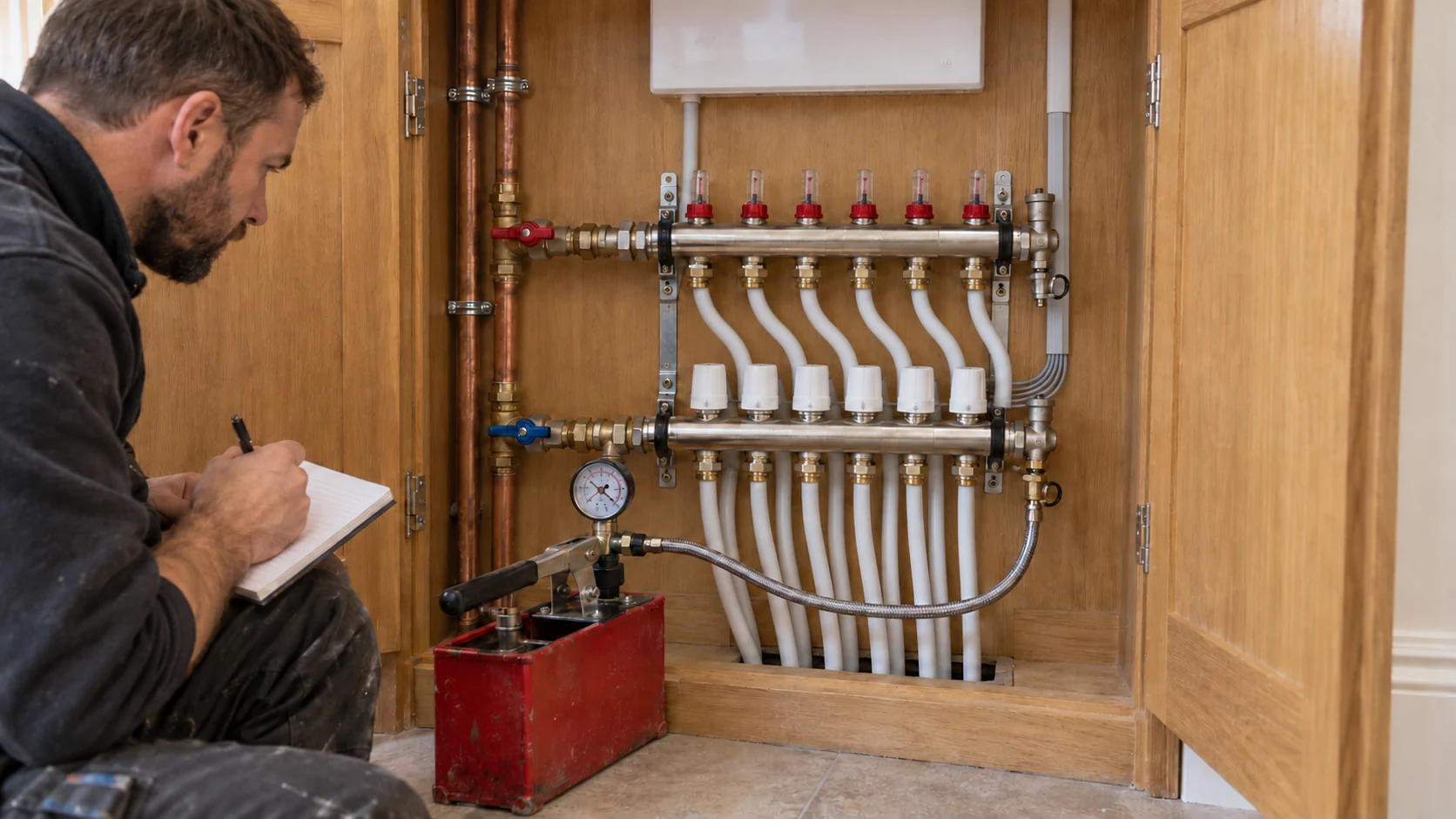 Heating engineer checking a connected manifold and hydraulic test gauge inside an accessible service cupboard.