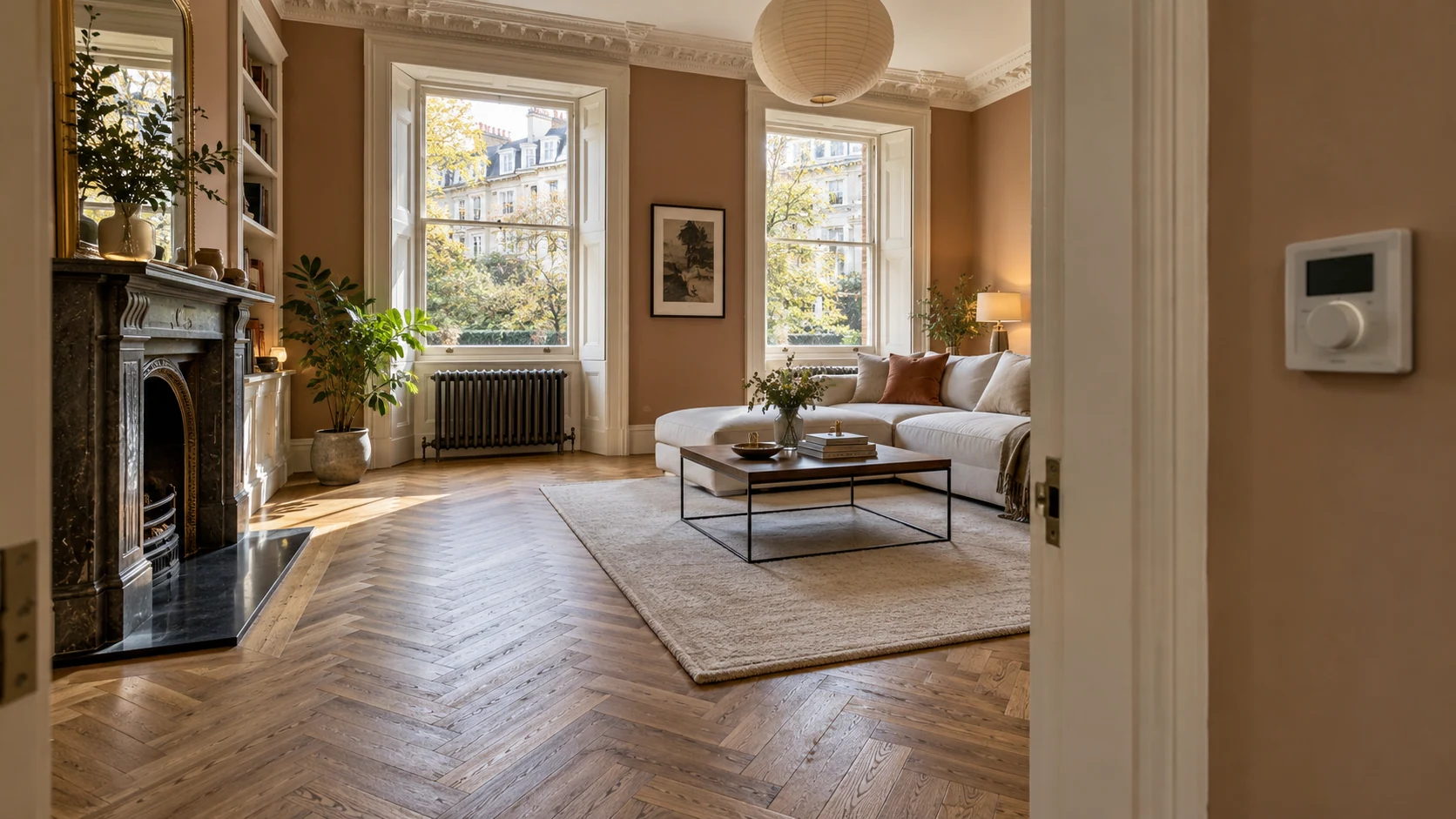 Wall-mounted heating control beside an engineered-oak floor in a completed period reception room.