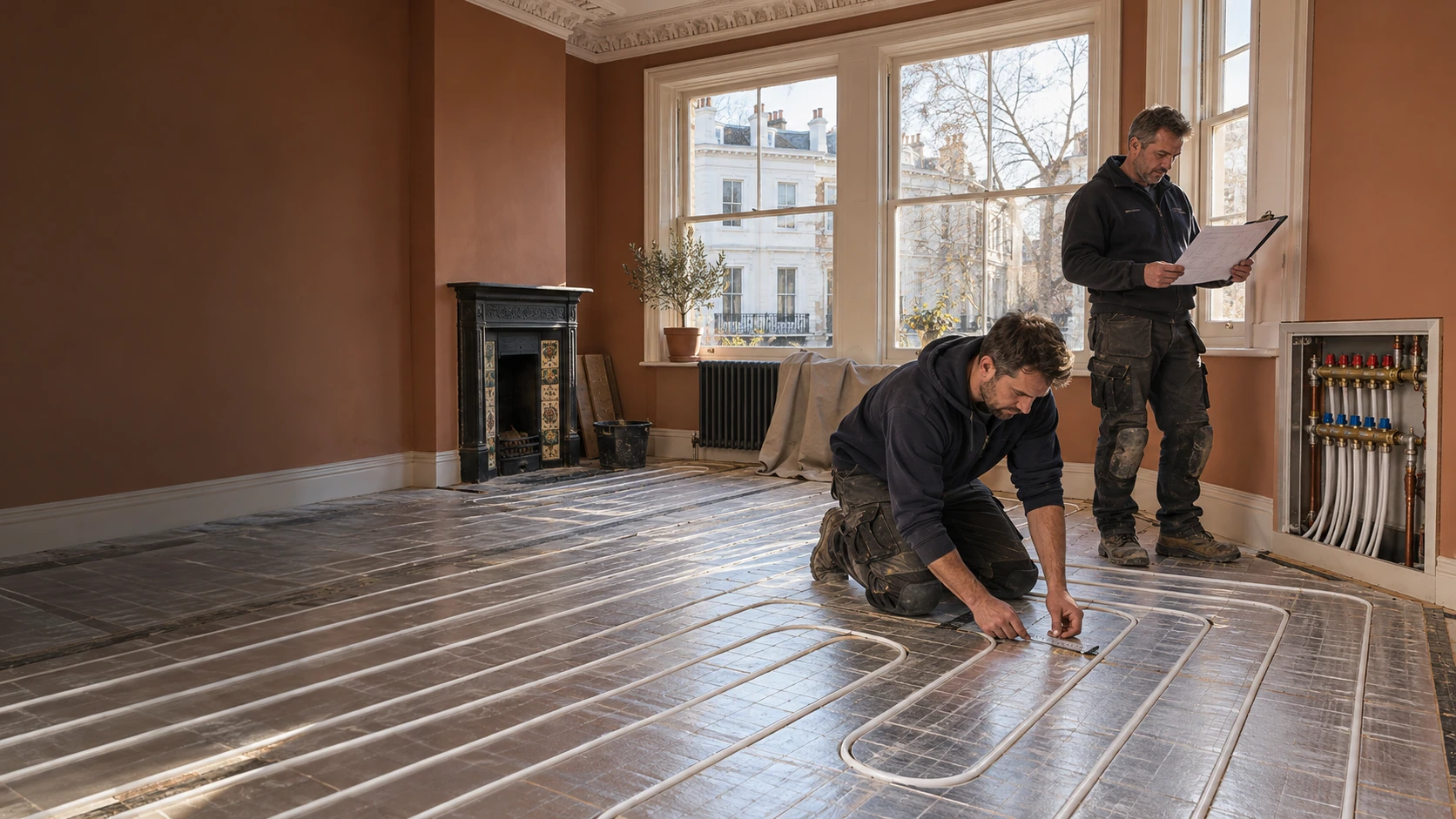 Two heating installers checking white underfloor heating pipes beside a manifold in a clay-coloured period room.