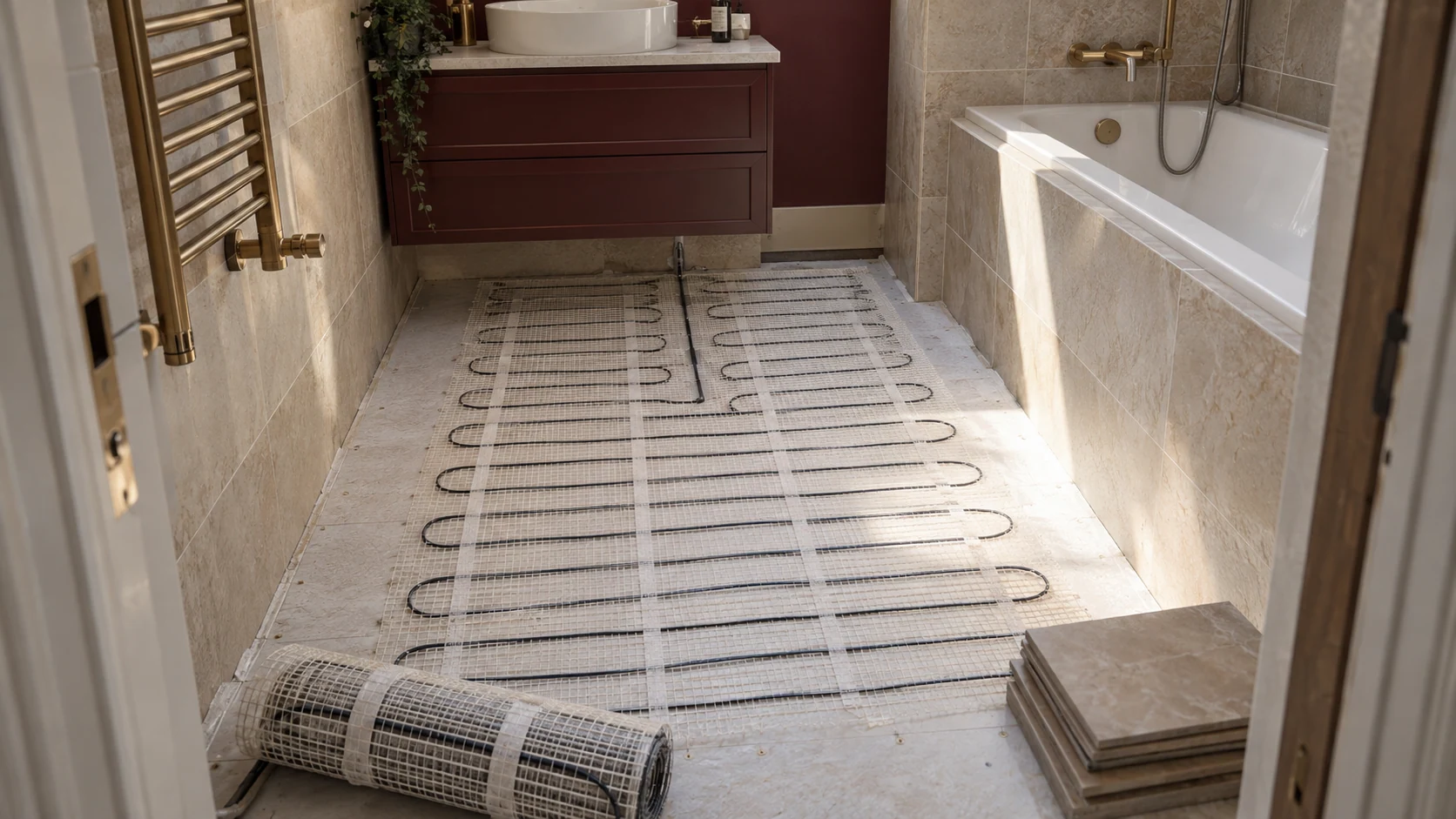 Electric underfloor heating mat and floor-sensor conduit on the prepared floor of a bathroom renovation.