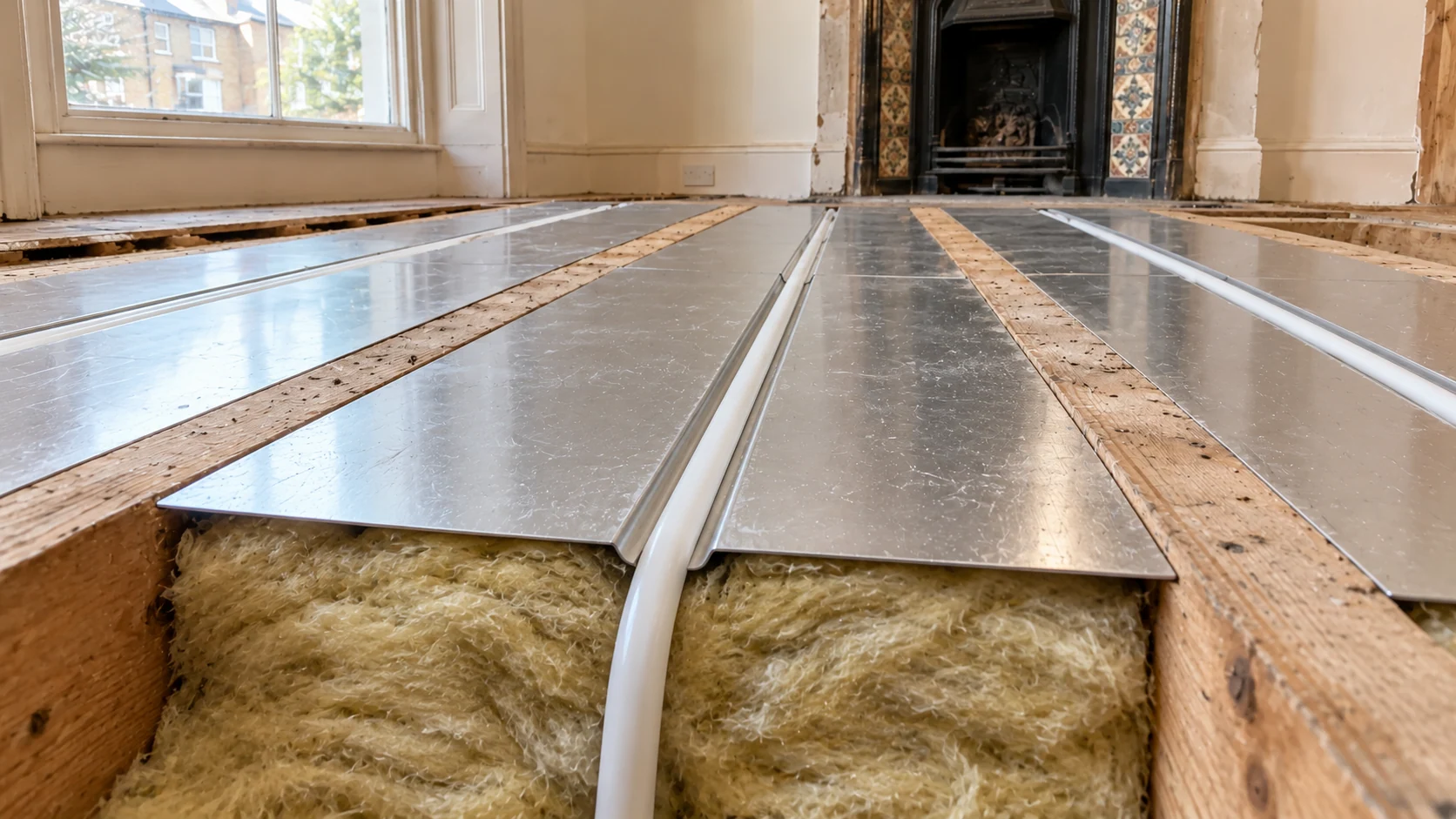 Heat-spreader plates and white heating pipe installed between exposed timber joists above fitted insulation.