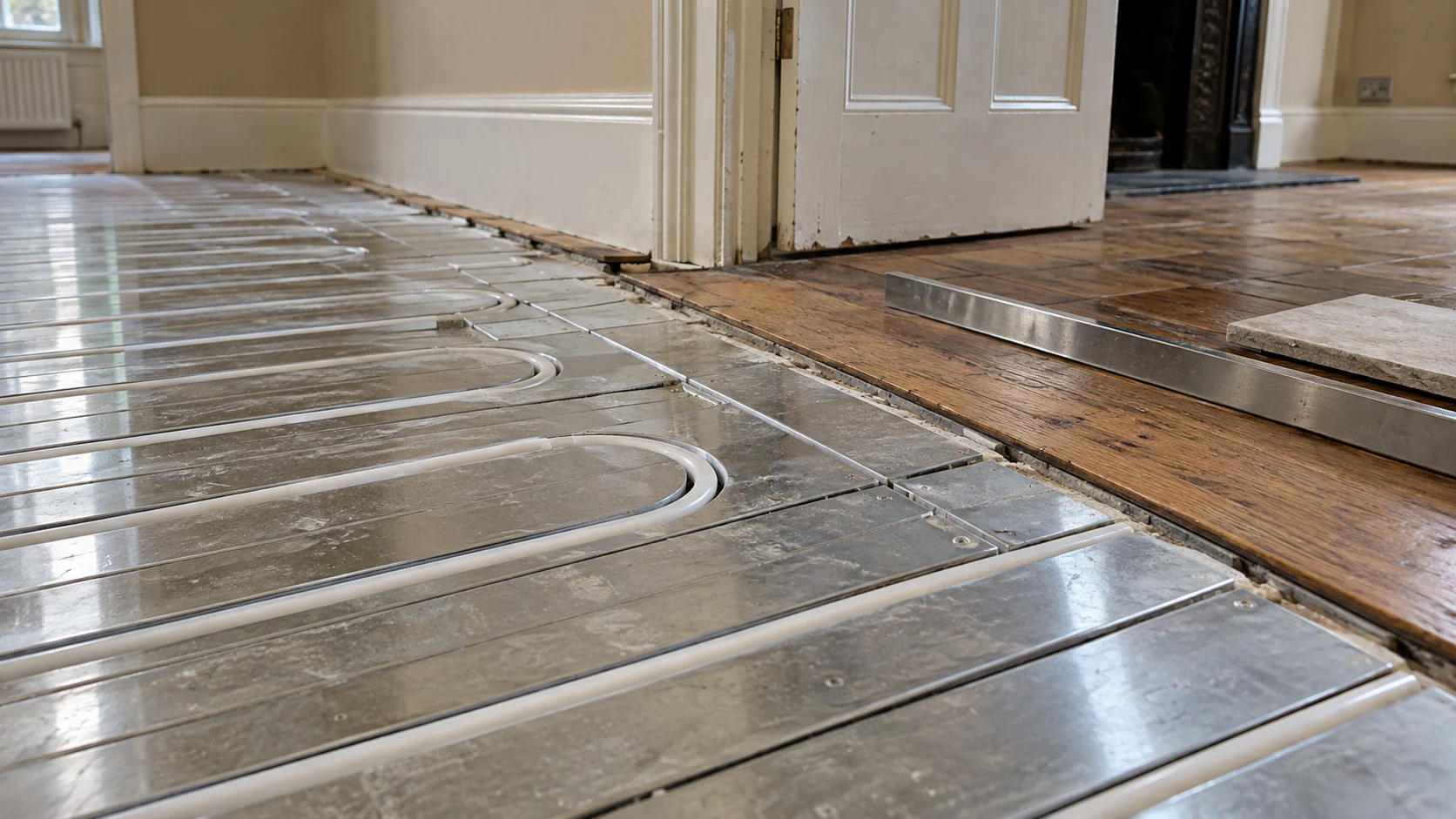 White heating pipe seated in low-profile routed panels beside a retained timber floor threshold.