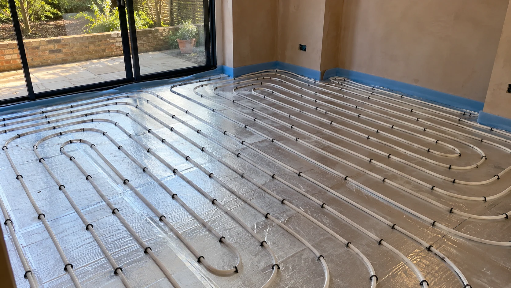 White underfloor heating pipe clipped over foil-faced insulation before screeding in a rear extension.