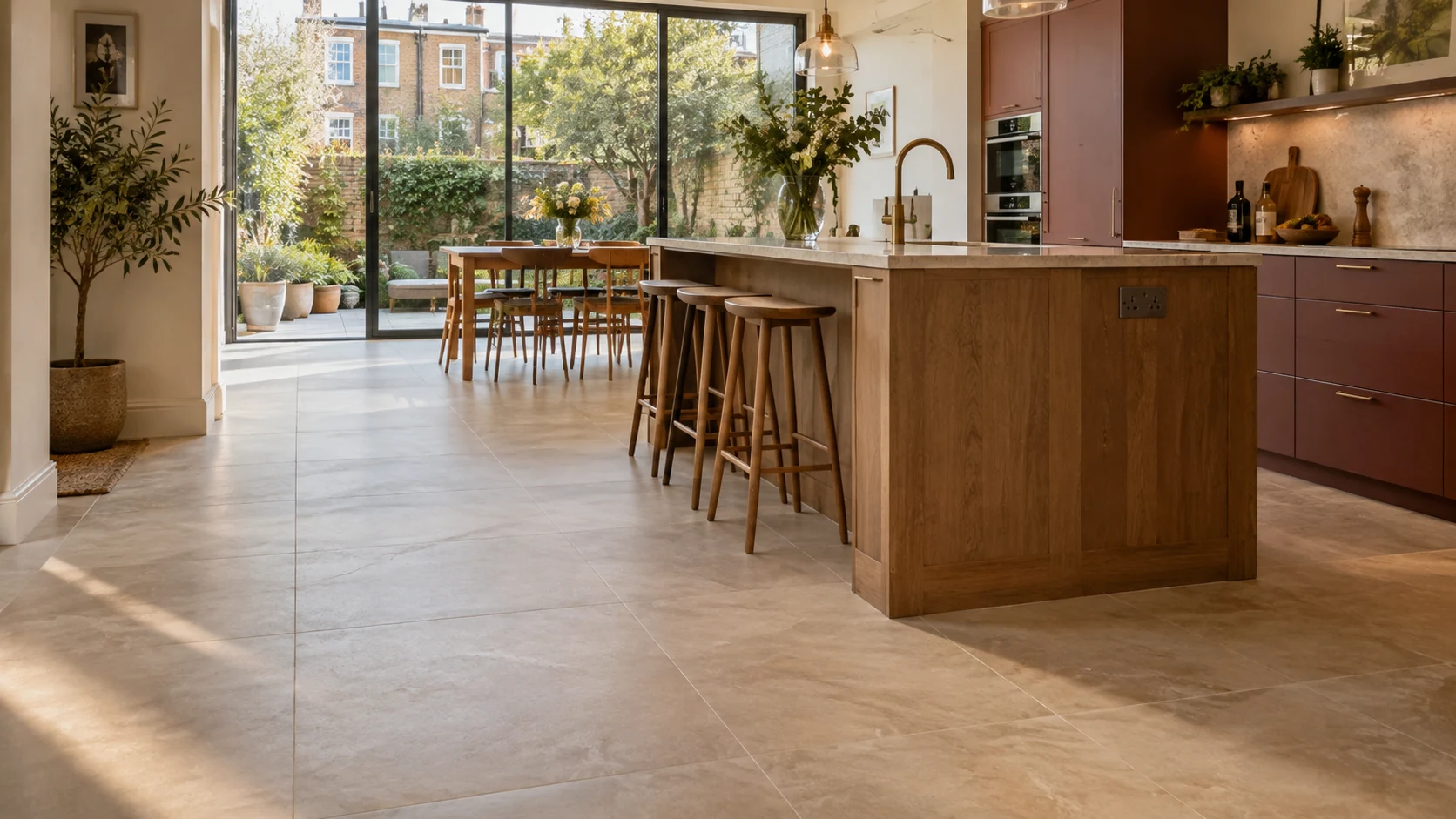 Open-plan kitchen extension with continuous porcelain flooring, a kitchen island and full-height garden glazing.