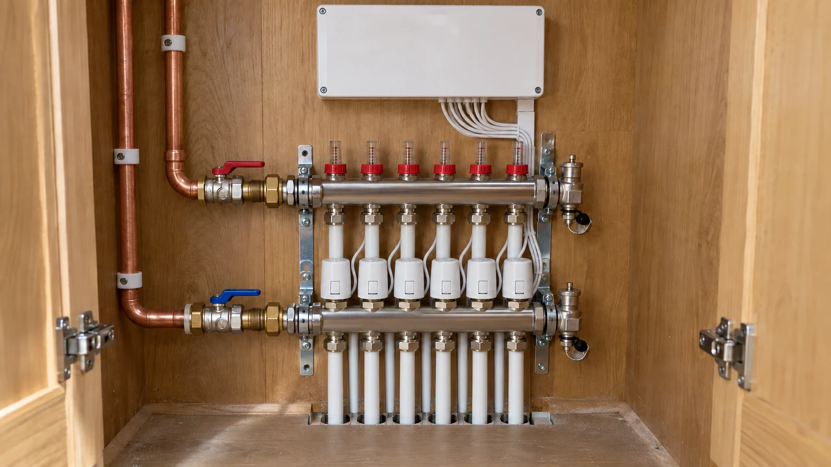 Accessible underfloor heating manifold with flow meters, actuators and a closed wiring centre in a service cupboard.