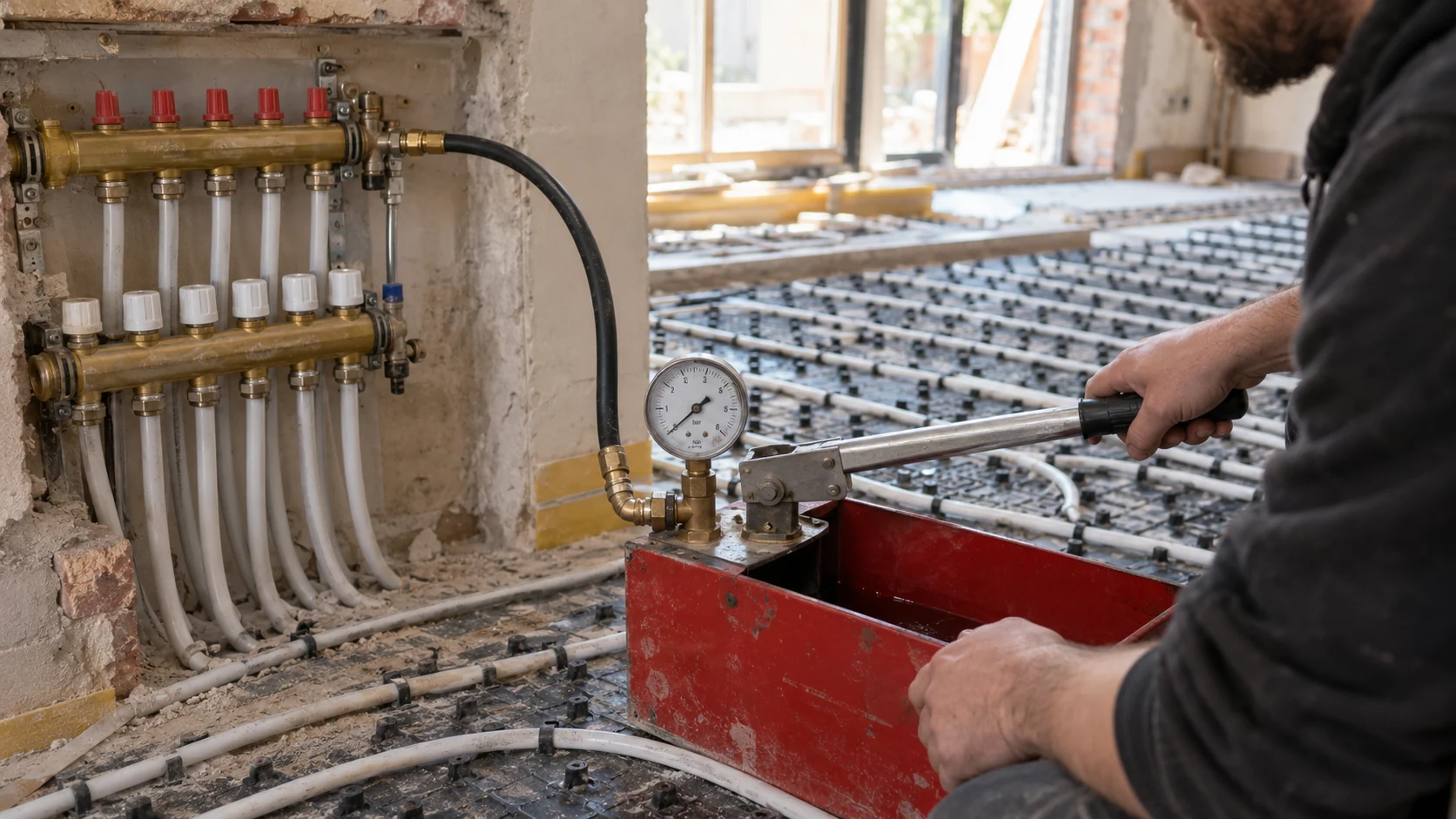 Heating engineer checking a pressure-test pump connected to an underfloor heating circuit before the floor is covered.