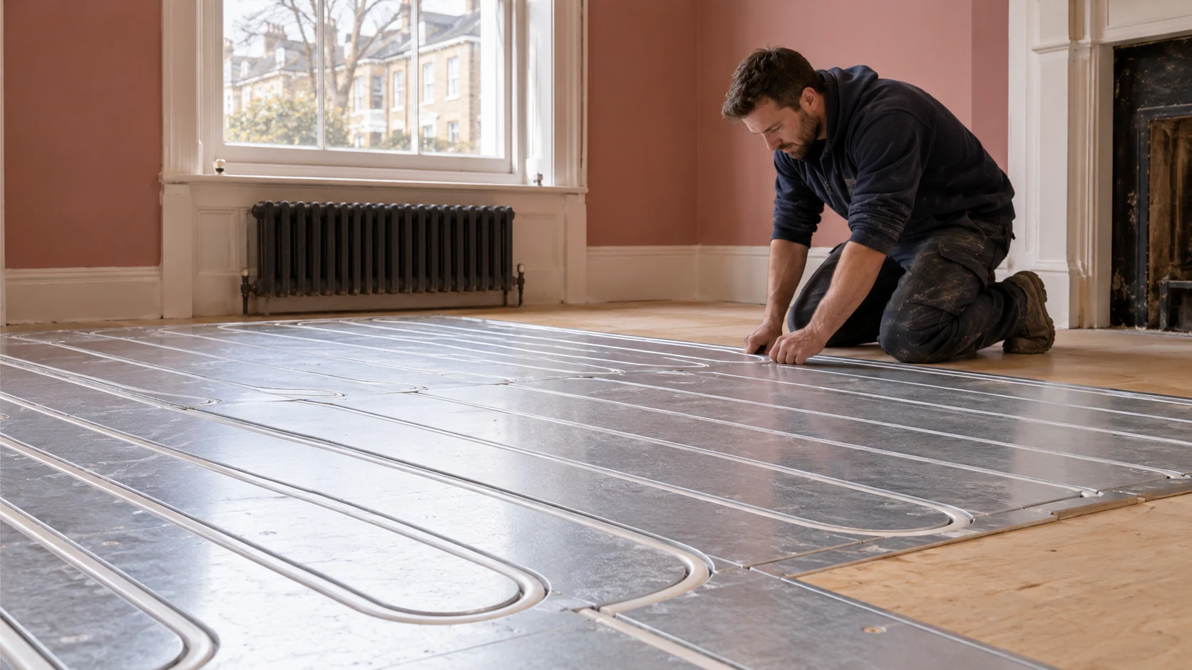 White underfloor heating pipes seated in grooved overfloor panels during a Hammersmith home refurbishment.