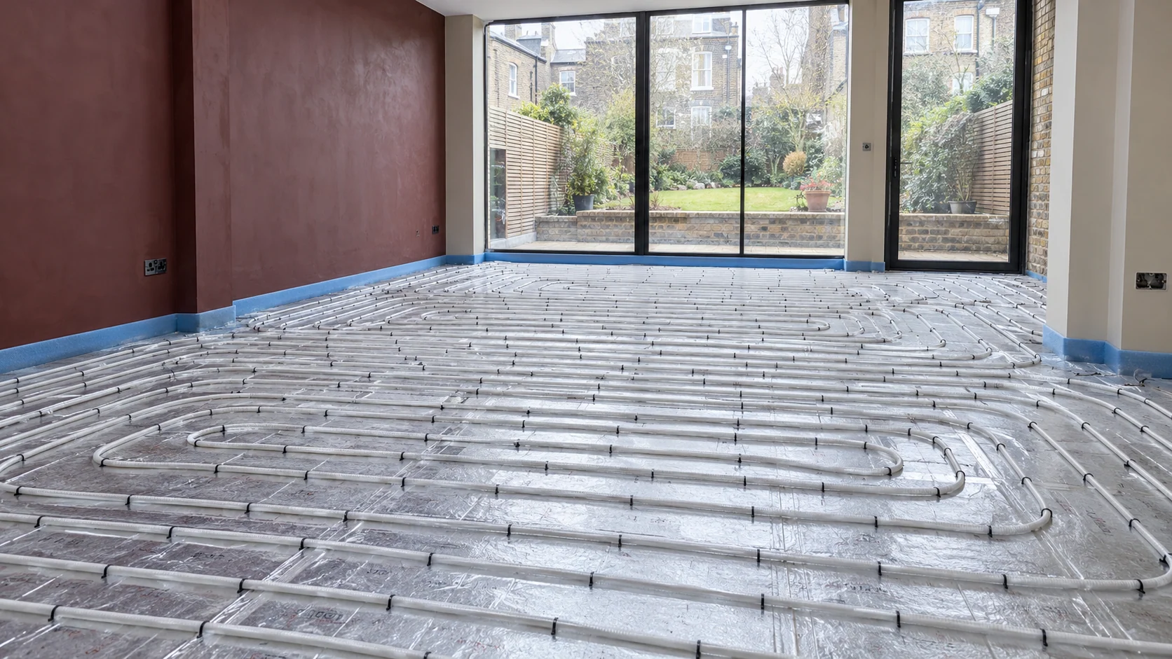 White wet underfloor heating pipes clipped above insulation in a new floor before screeding.