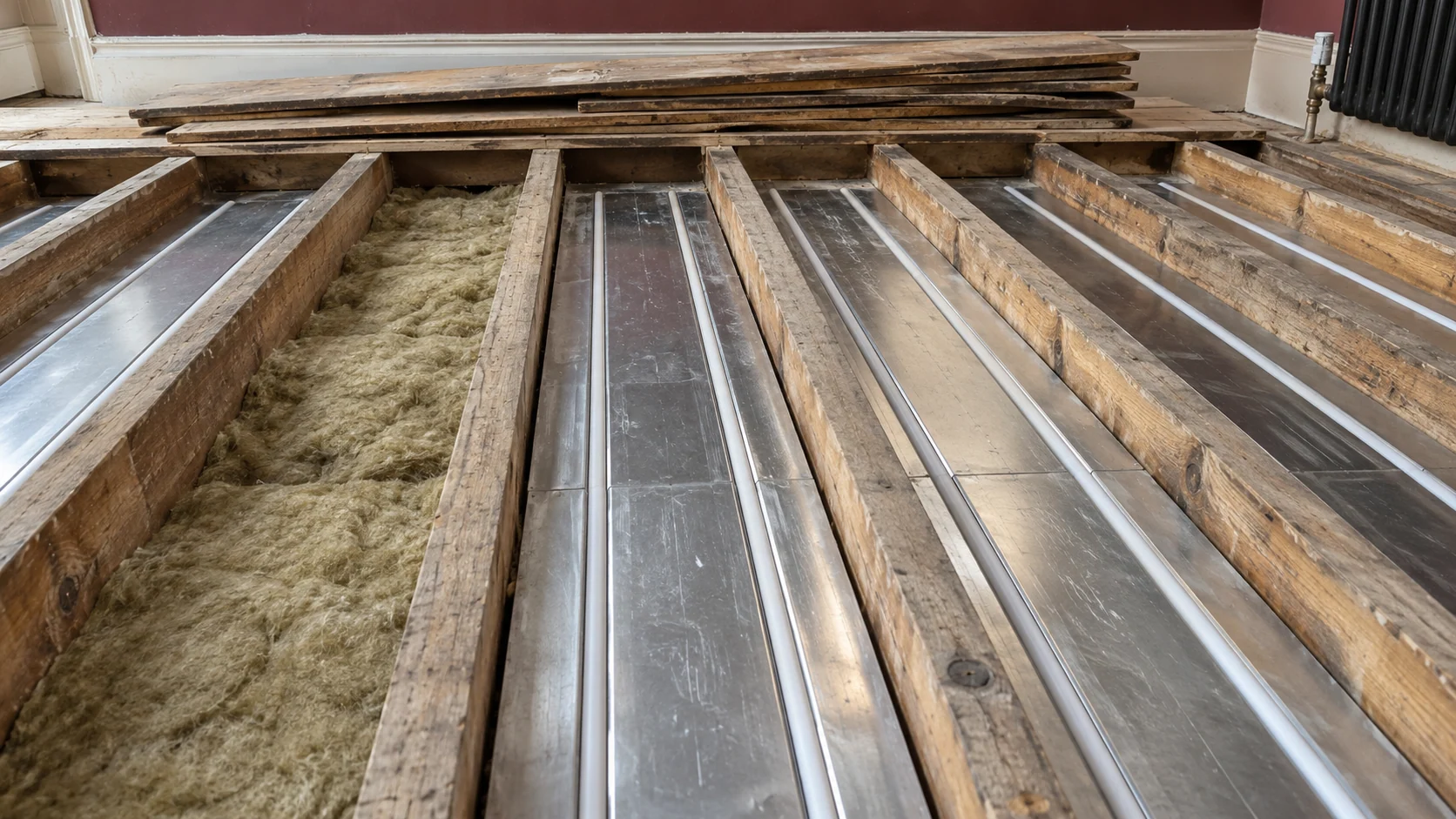 White underfloor heating pipe fitted into aluminium spreader plates over insulated timber joist bays.