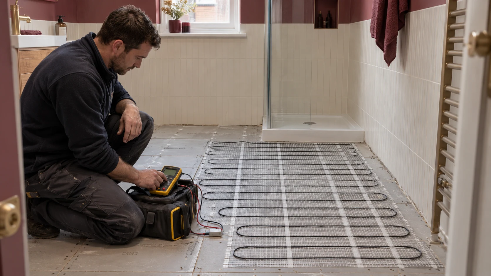 Electric underfloor heating cable arranged on floor matting in a bathroom before tiling.