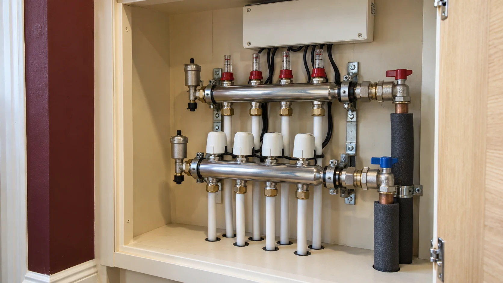 Accessible underfloor heating manifold with white pipe connections, actuators and enclosed wiring controls.