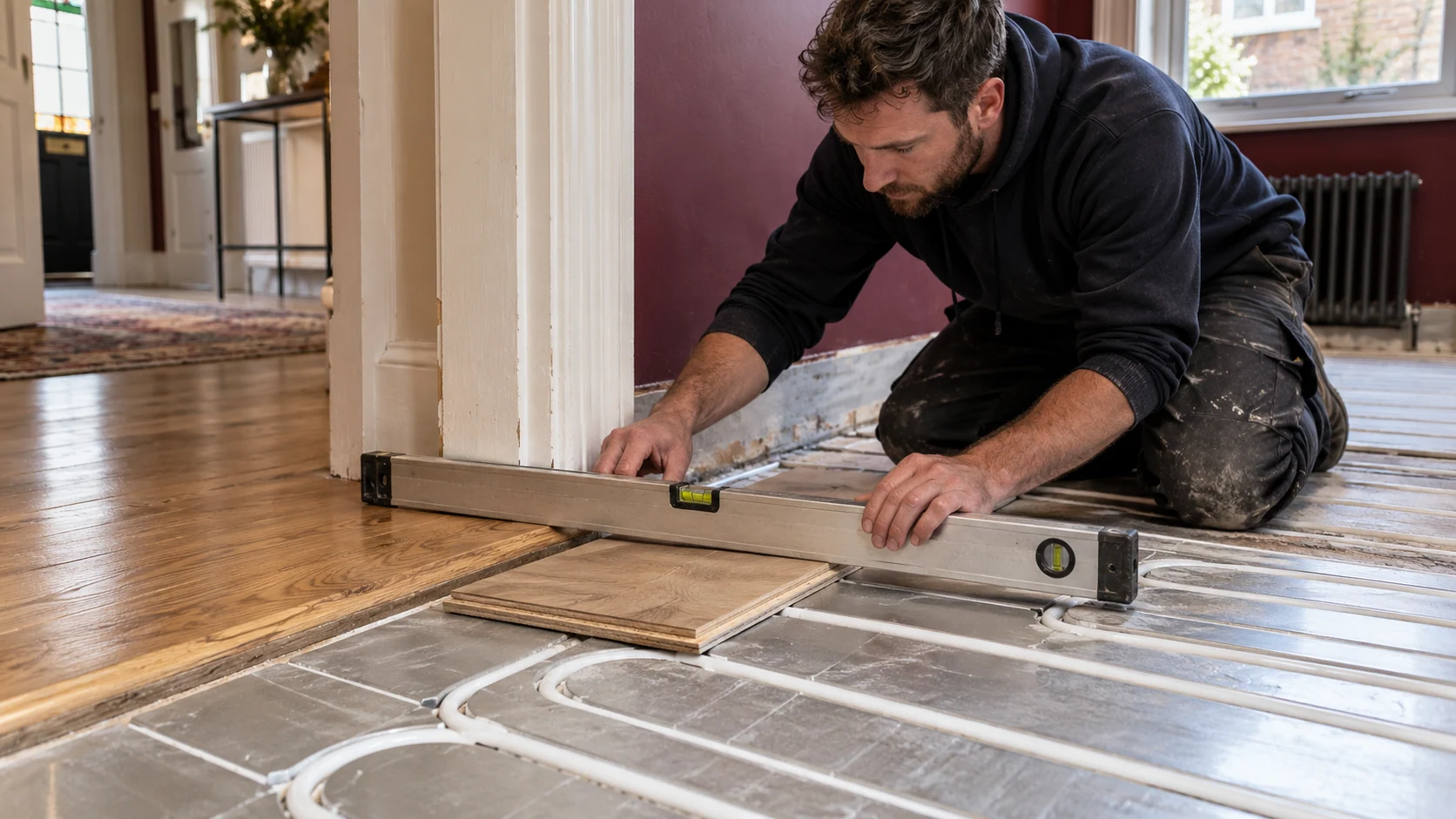 Installer checking the proposed finished floor level at a doorway during an underfloor heating refurbishment.