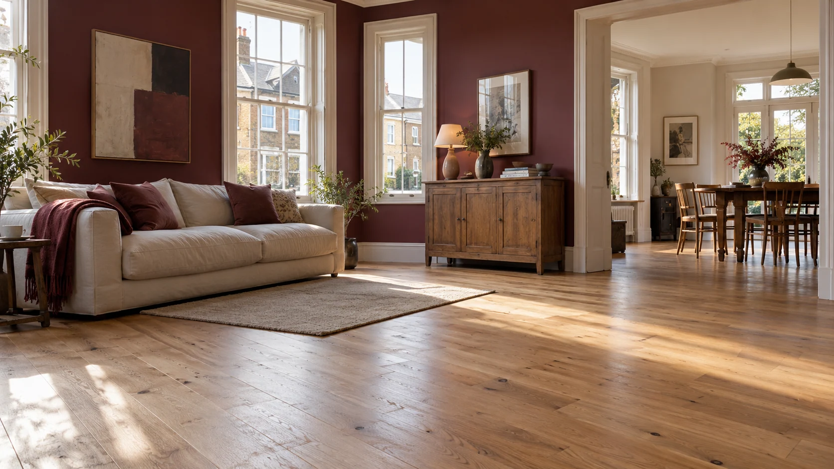 Finished Hammersmith-style living and dining room with a continuous timber floor and burgundy walls.
