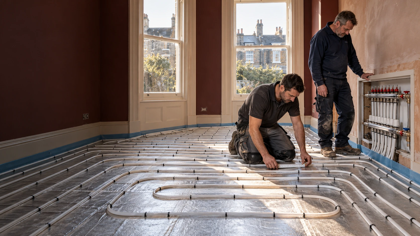 Two heating installers checking white underfloor heating pipes and a manifold in a burgundy-walled period room.