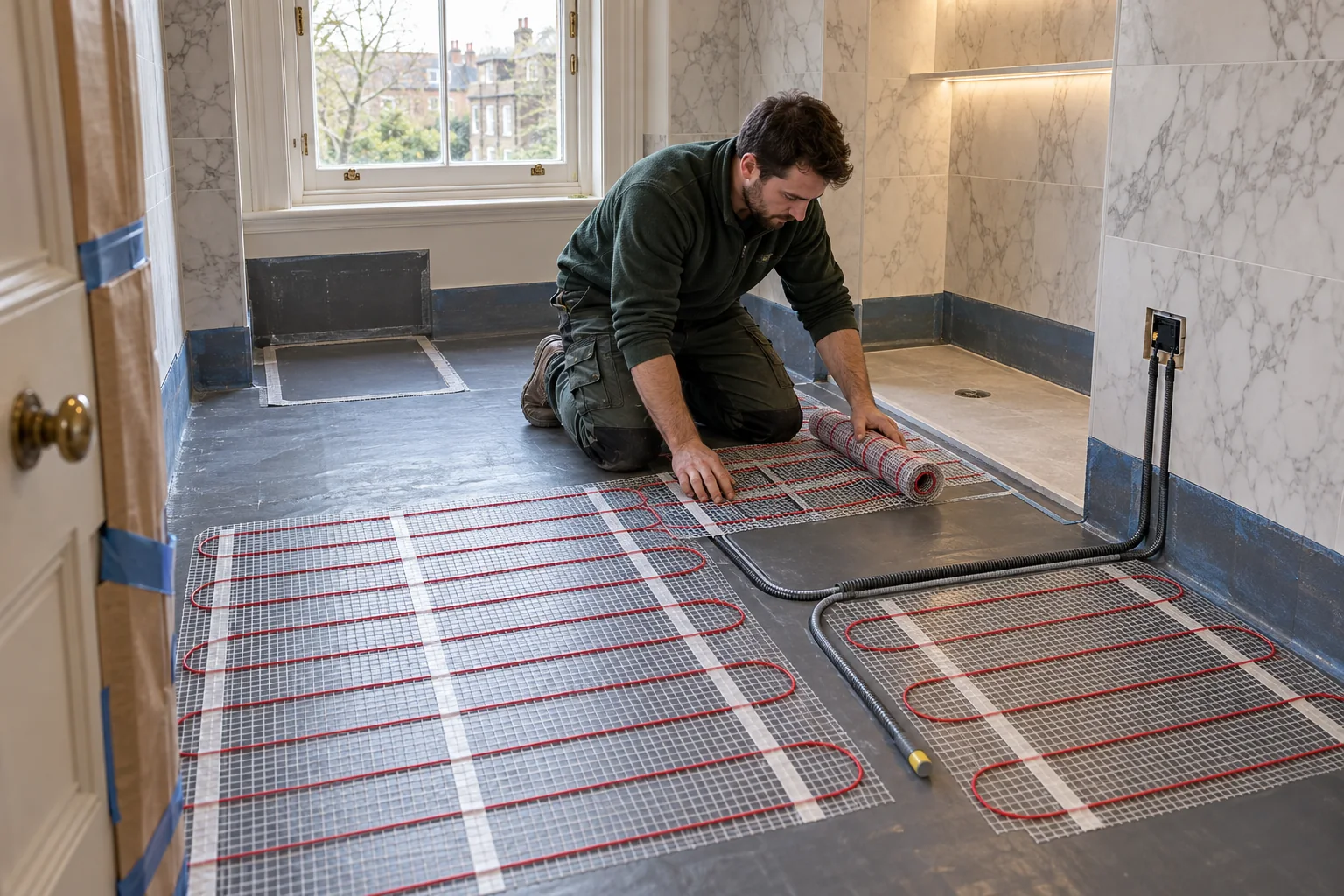Electrician installing an electric underfloor heating mat around the wet-room layout of a Hampstead bathroom