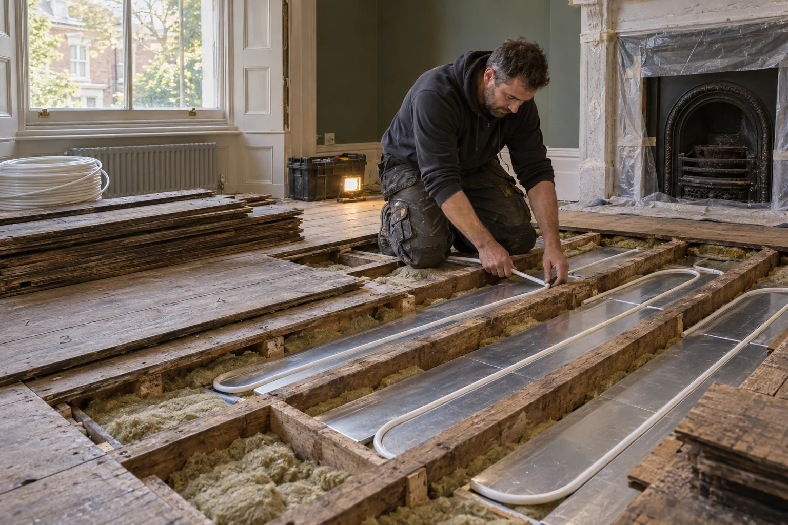 Installer fitting white underfloor heating pipe in aluminium spreader plates between original timber joists in Hampstead