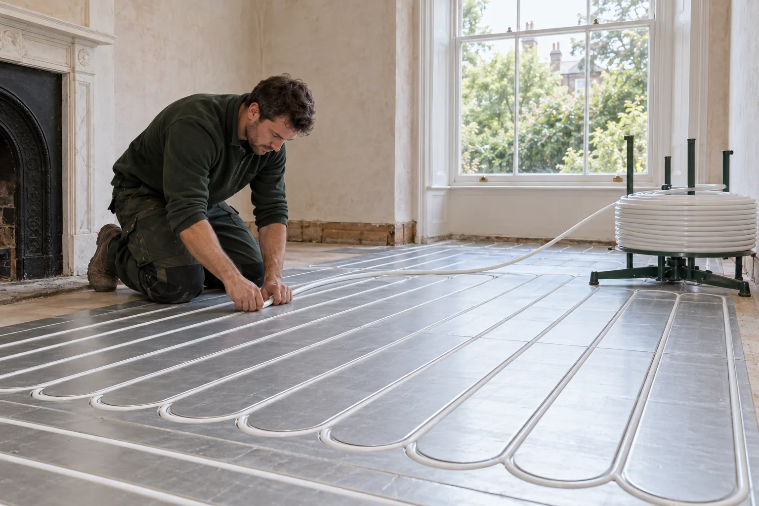 PEP installer fitting continuous white pipe into low-profile foil-faced underfloor heating panels in Hampstead