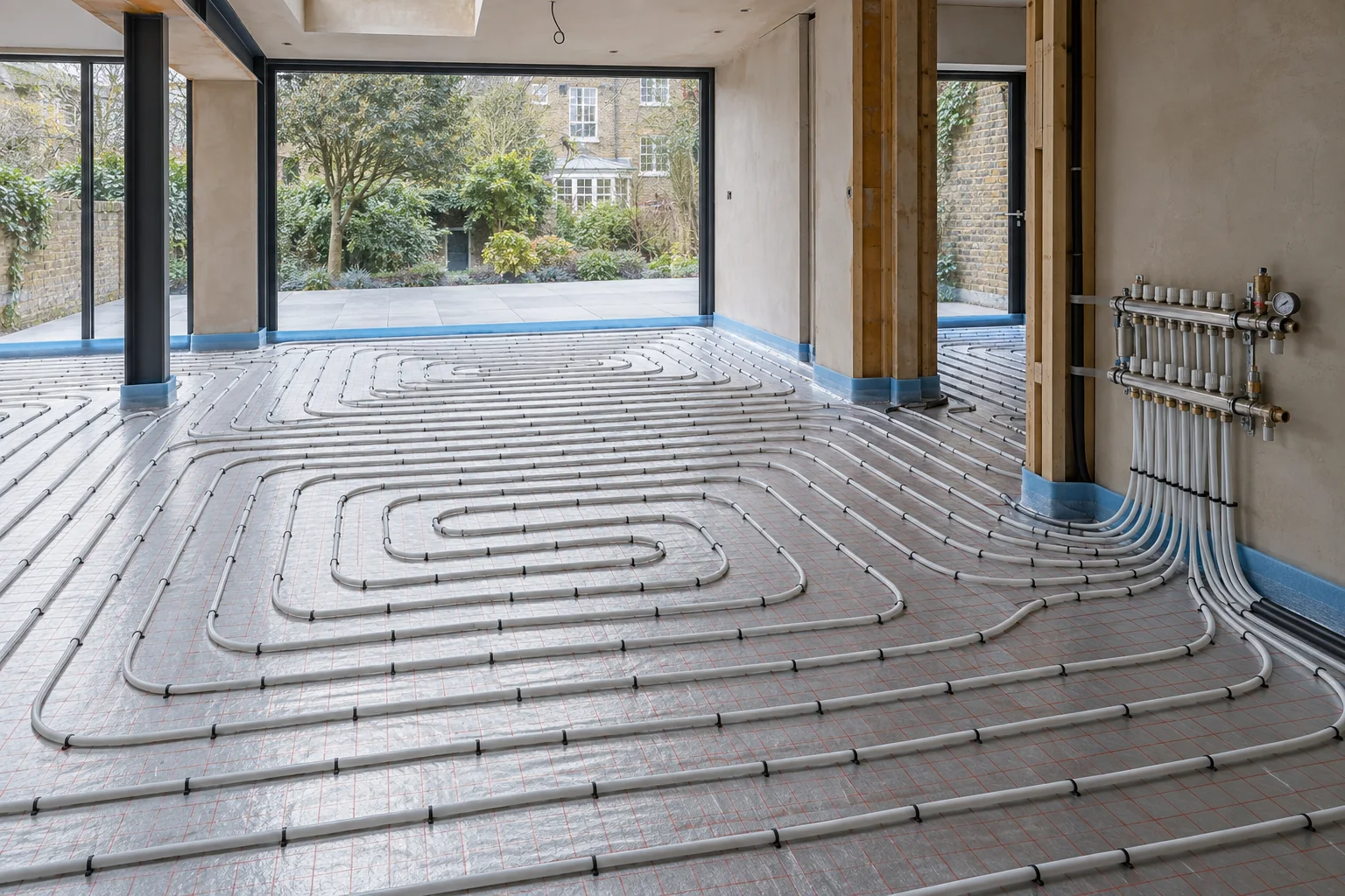 White water-based underfloor heating circuits fixed over gridded insulation before screed in a Hampstead extension