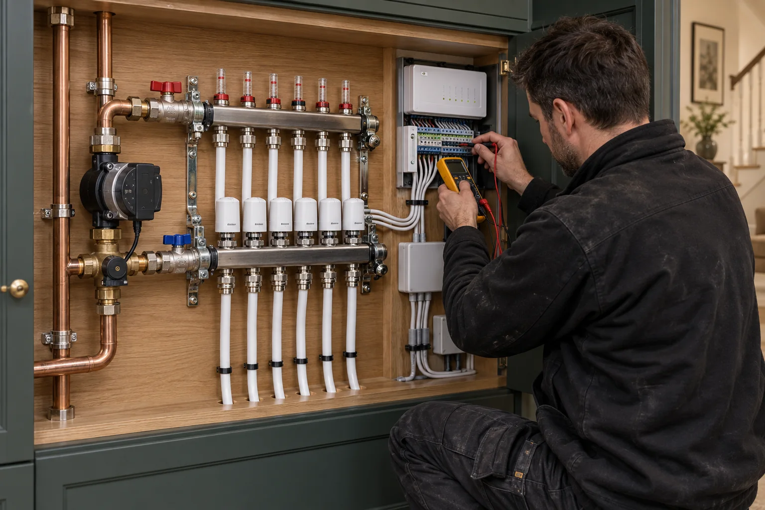 PEP engineer testing a complete underfloor heating manifold and wiring centre with a yellow Fluke-style meter facing the engineer