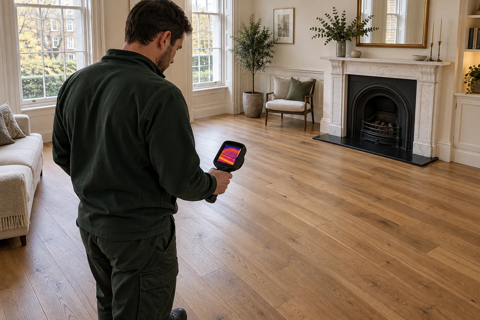PEP engineer checking the even heat pattern across an engineered oak floor in a finished Hampstead reception room